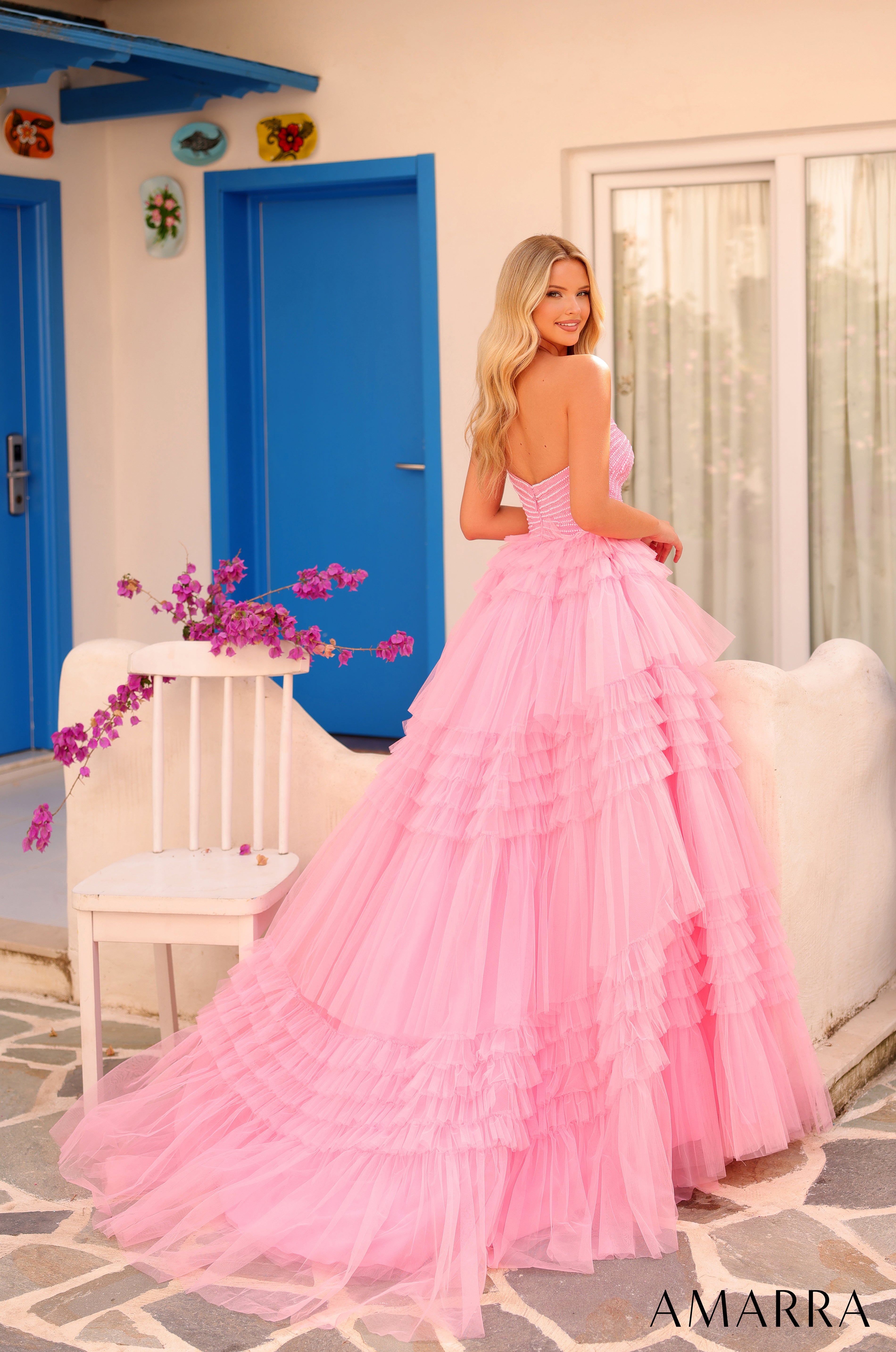 Prom Dresses Ruffle Long Ball Gown Beaded Slit Prom Dress Candy Pink