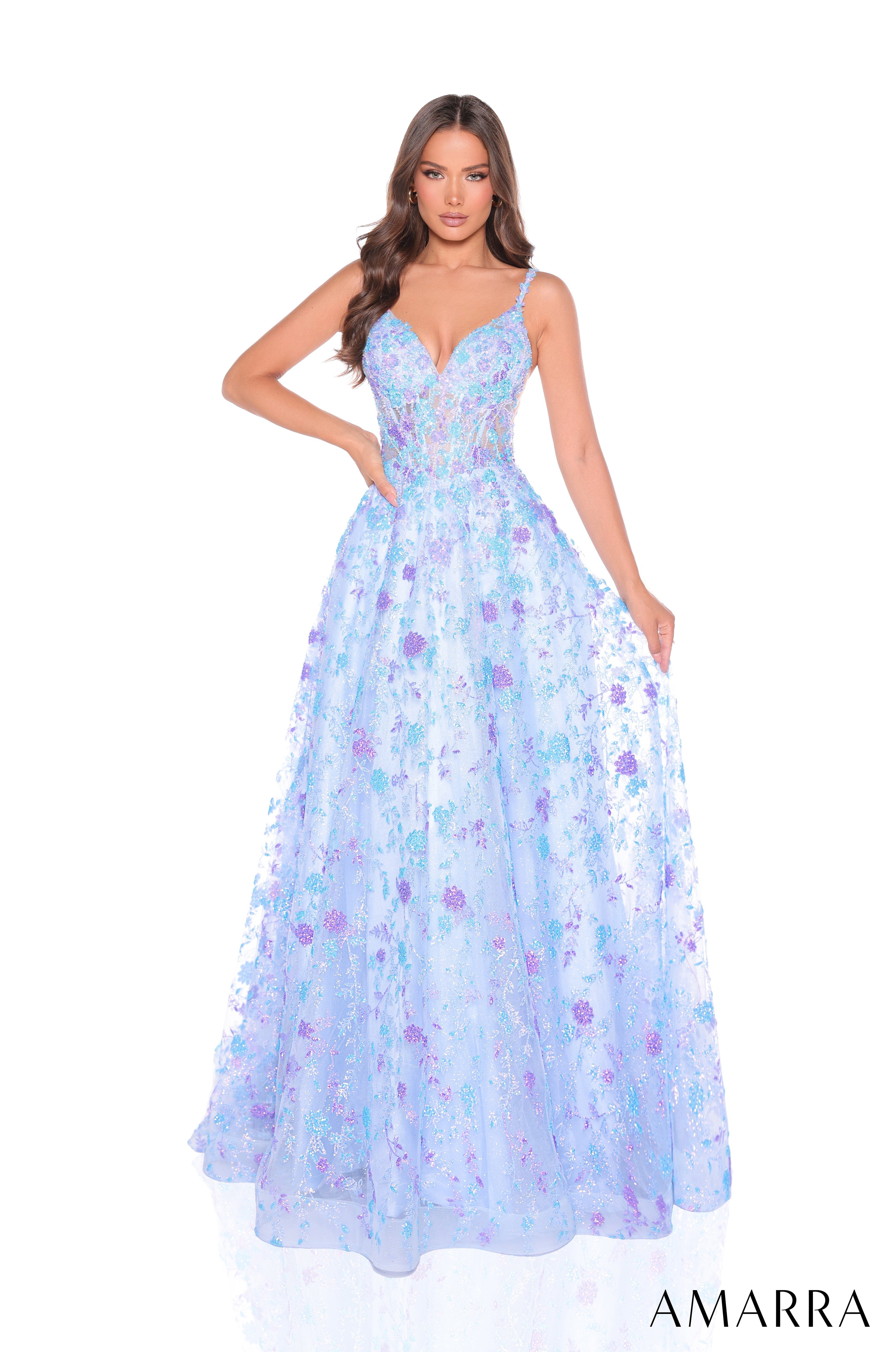 Prom Dresses Glitter Print Long Ball Gown Sequin Prom Dress Light Blue/Lilac