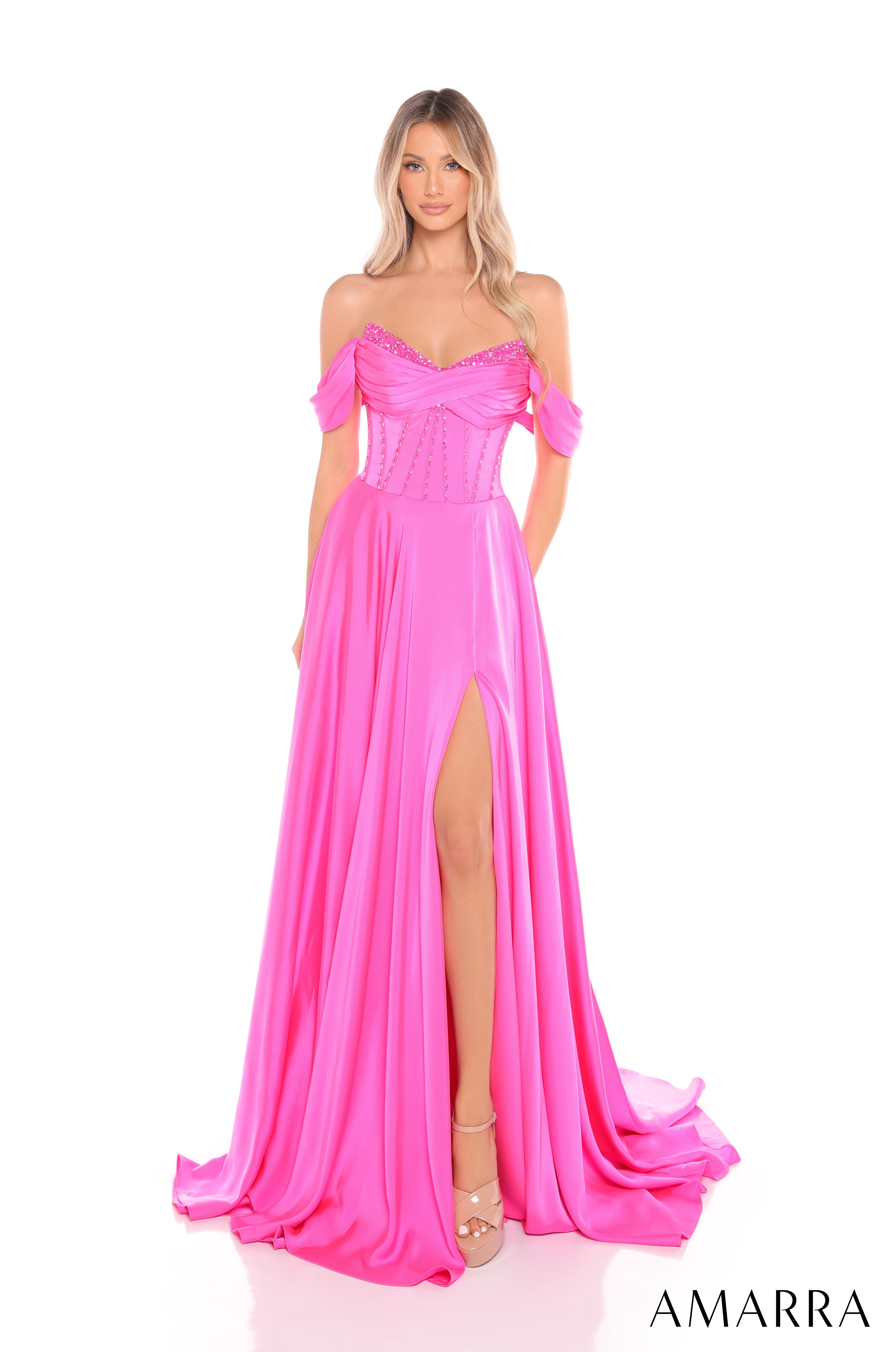 Prom Dresses A Line Beaded Long Formal Slit Prom Dress Pink