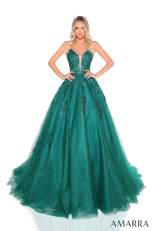 PromDresses Glitter Long Ball Gown Sequin Applique Prom Dress Emerald