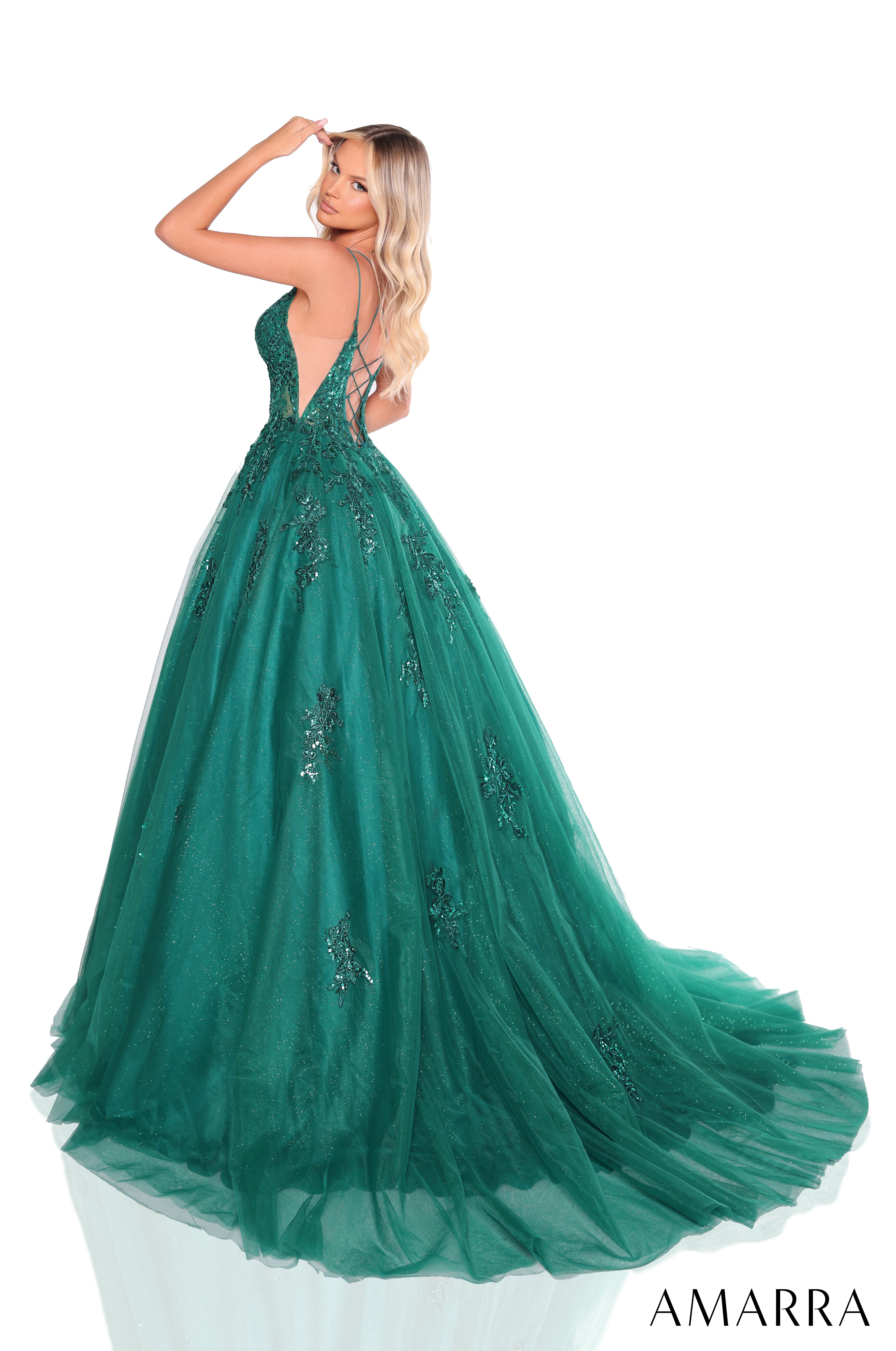 PromDresses Glitter Long Ball Gown Sequin Applique Prom Dress Emerald