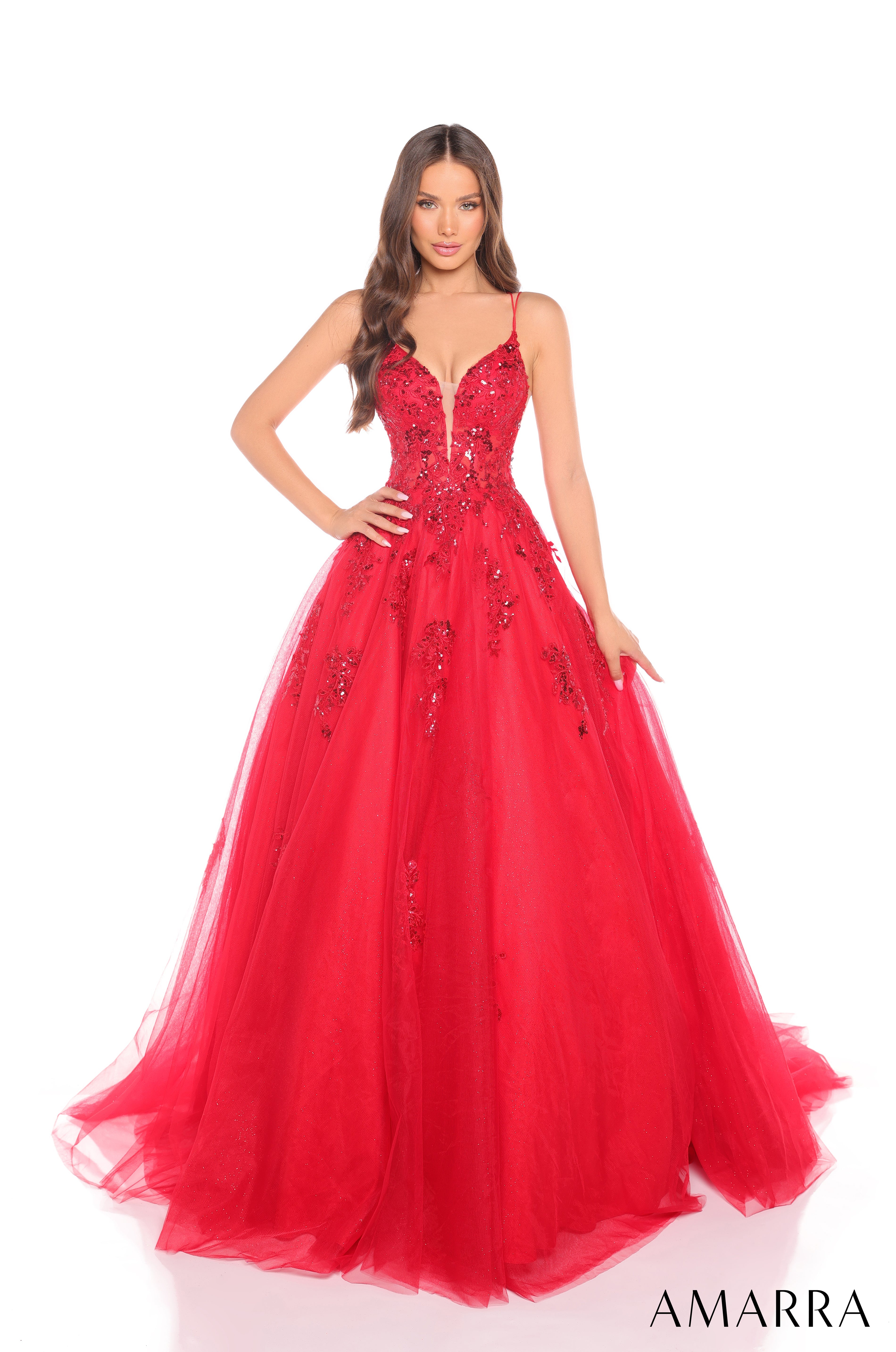 PromDresses Glitter Long Ball Gown Sequin Applique Prom Dress Red