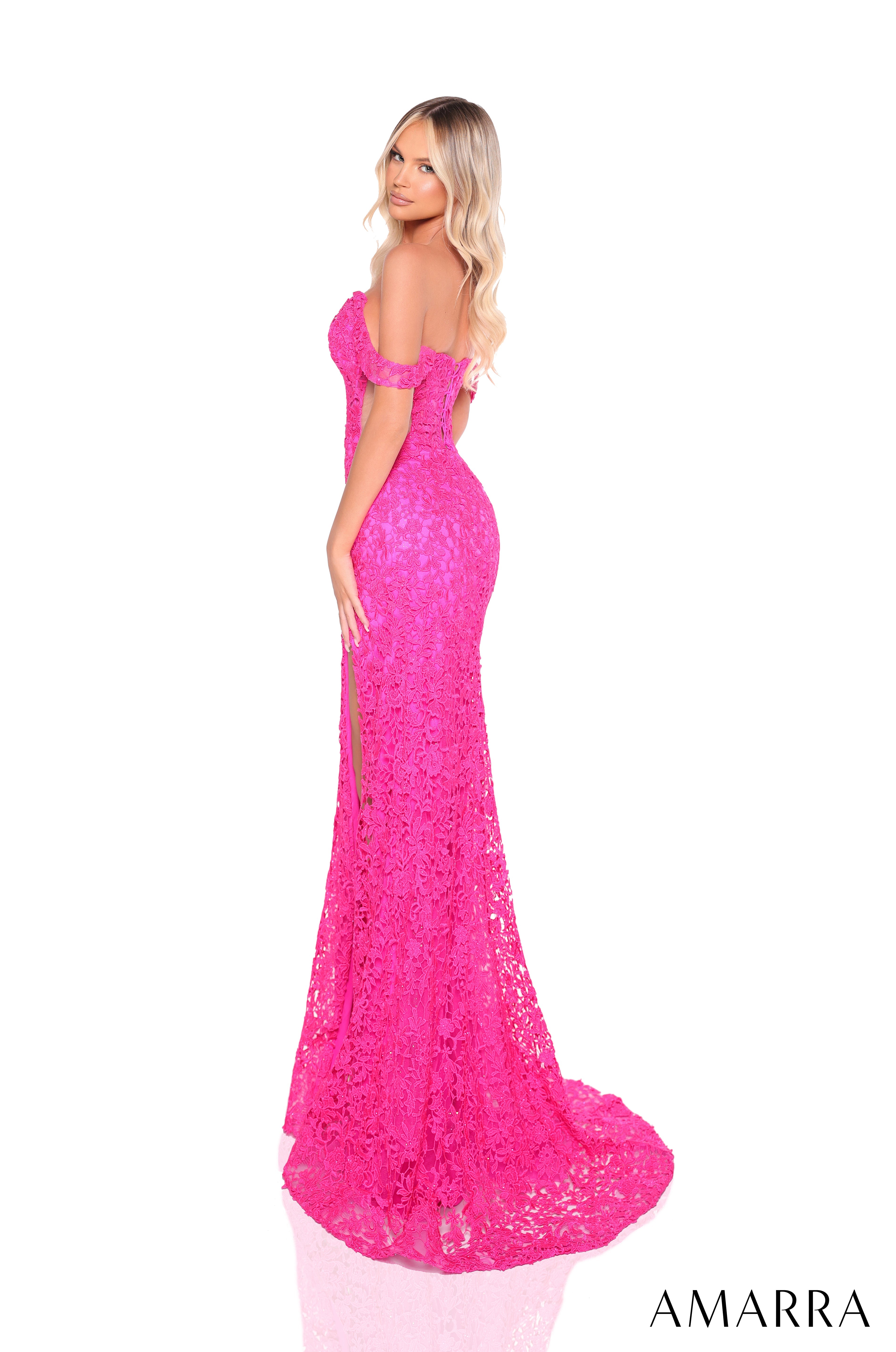 Prom Dresses Prom Long Fitted Slit Floral Lace Formal Dress Fuchsia