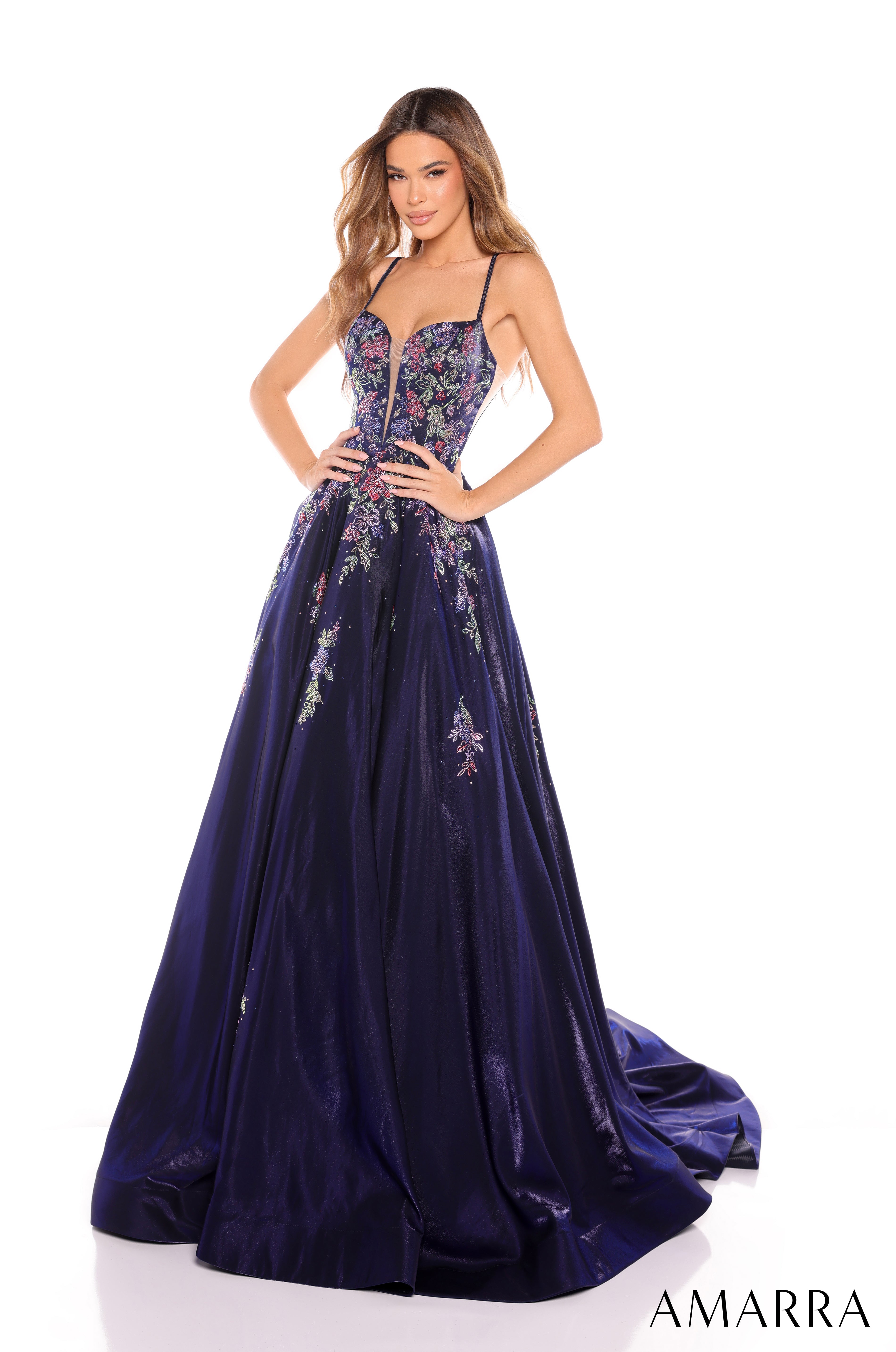 Prom Dresses Long Ball Gown Two Tone Formal Beaded Prom Dress Navy