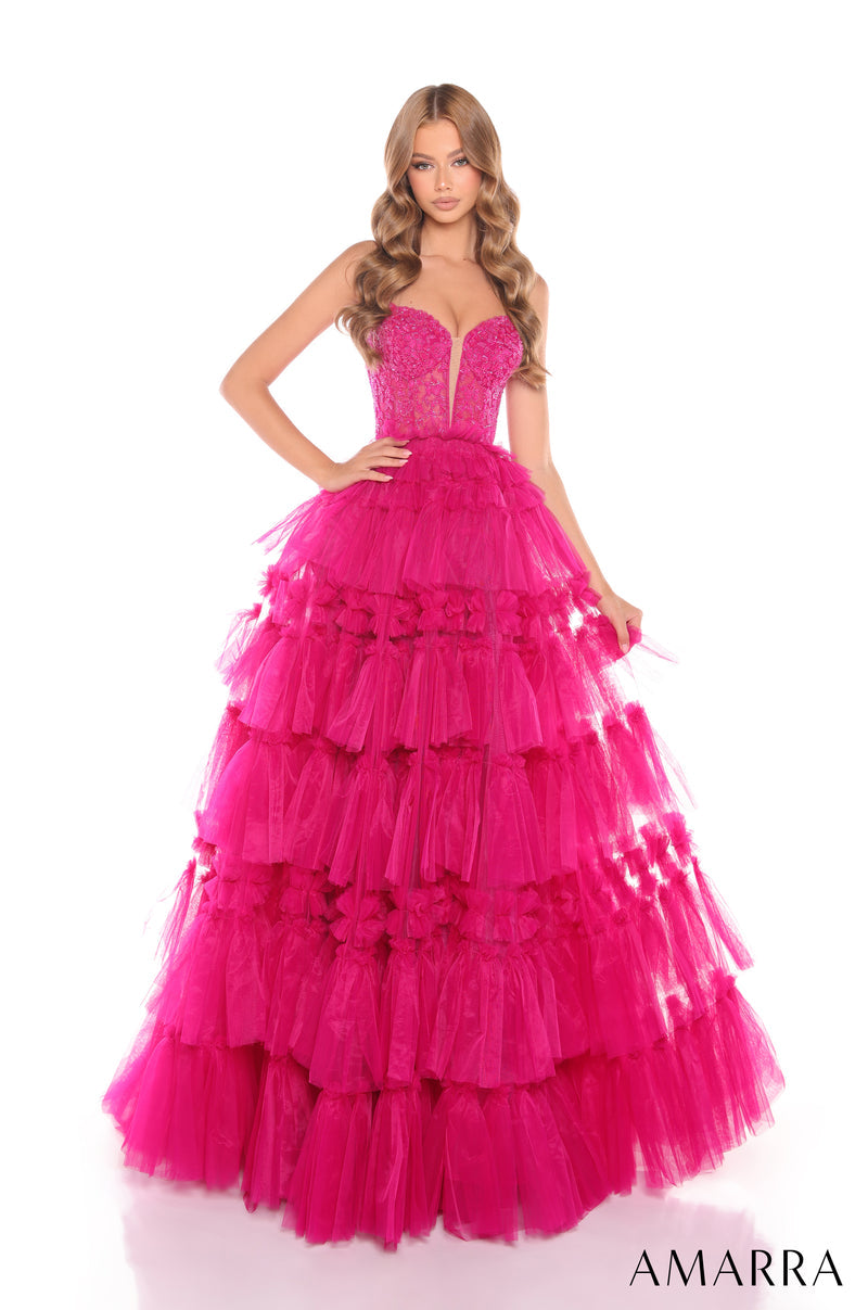 Prom Dresses Long Ball Gown Beaded Ruffle Prom Dress Fuchsia
