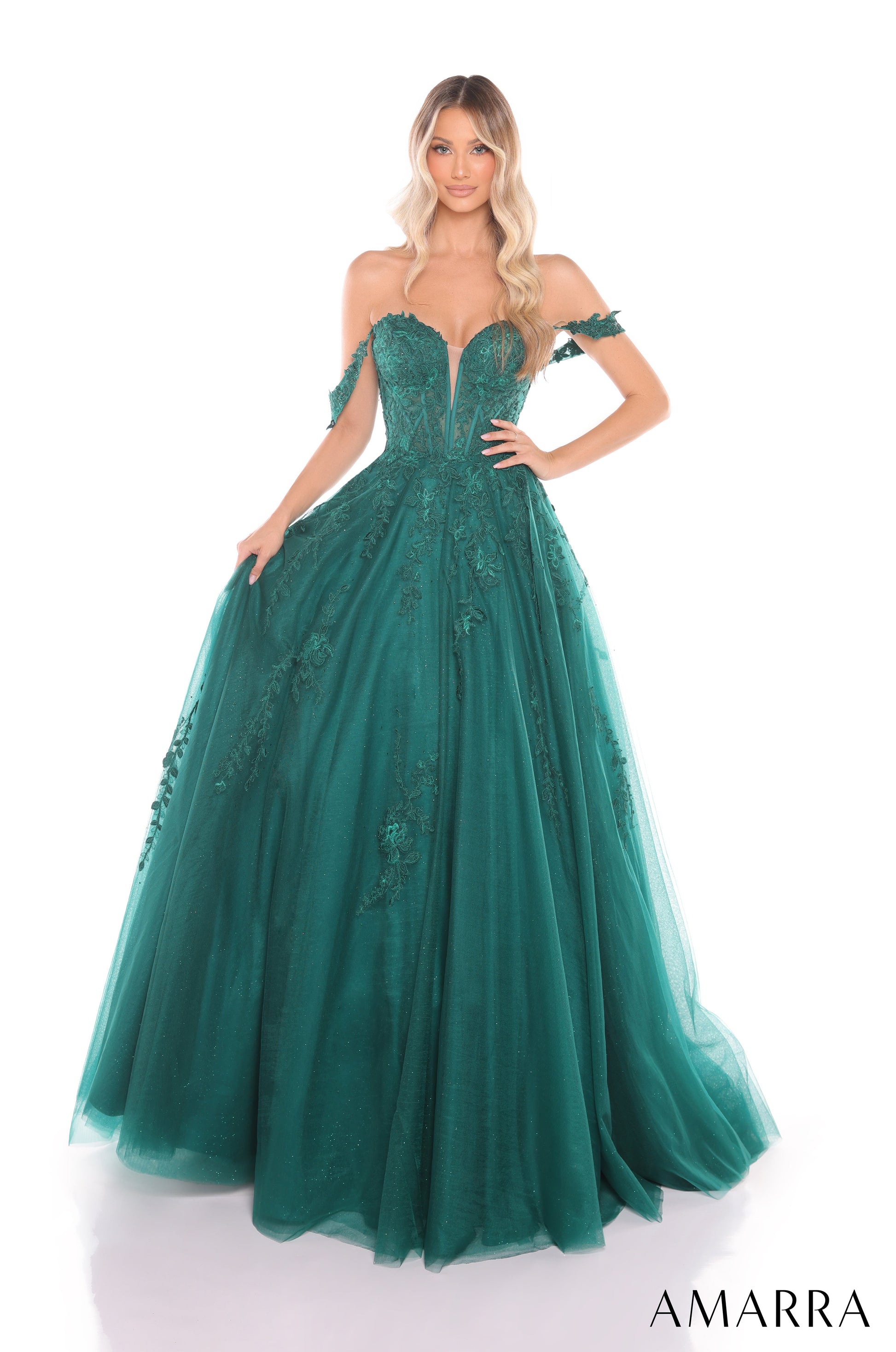 Amarra 88409 A Line Ball Gown Glitter Long Formal Floral Lace Prom Dress