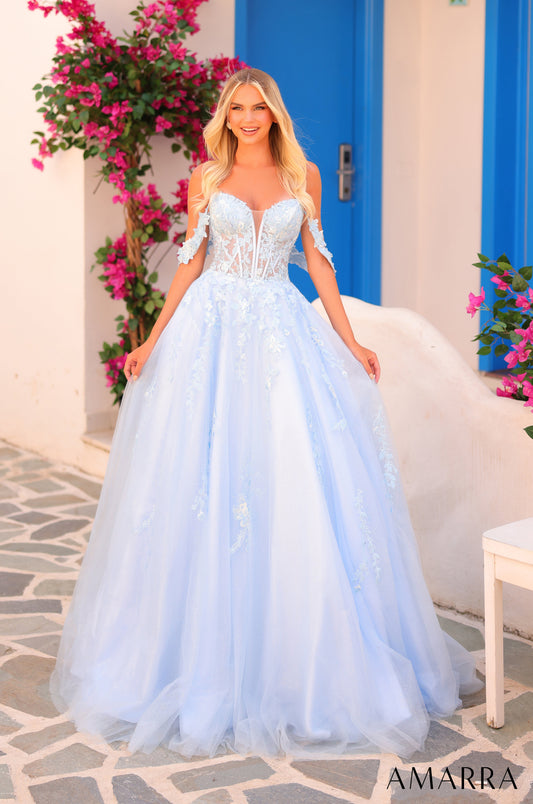 Prom Dresses A Line Ball Gown Glitter Long Formal Floral Lace Prom Dress Light Blue