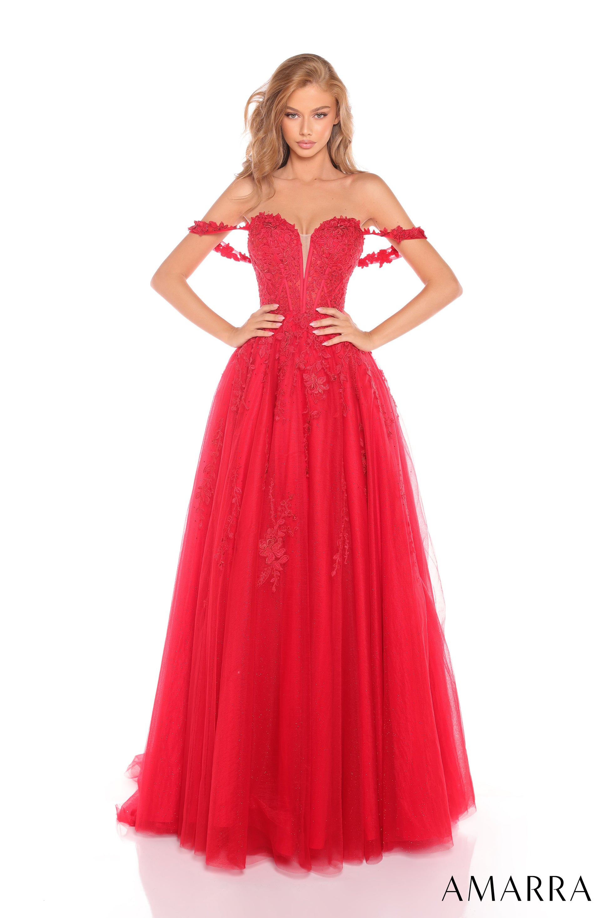Amarra 88409 A Line Ball Gown Glitter Long Formal Floral Lace Prom Dress