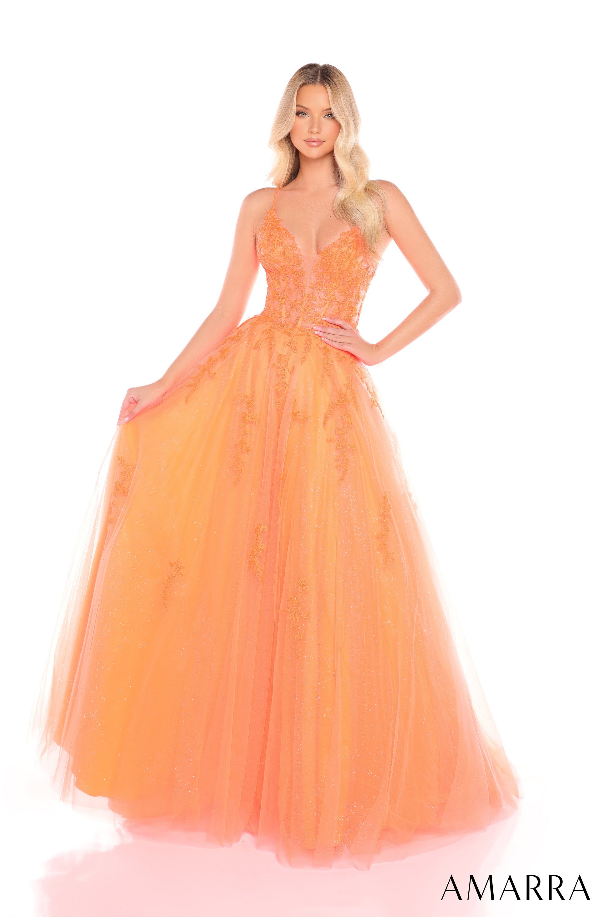 Amarra 88410 Prom Long Ball Gown Applique Corset Formal Dress