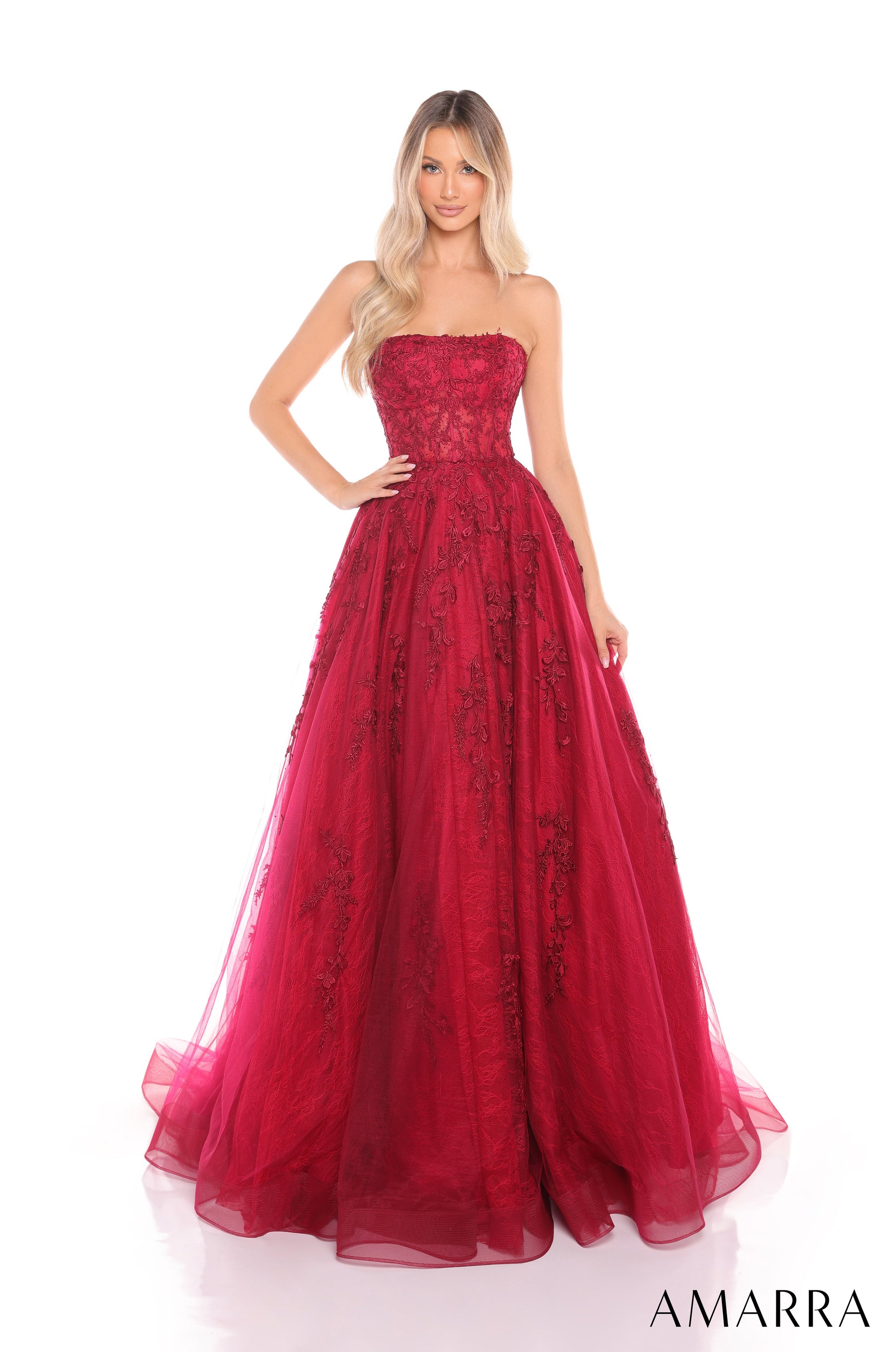 Amarra 88414 A Line Prom Long Floral Lace Formal Dress