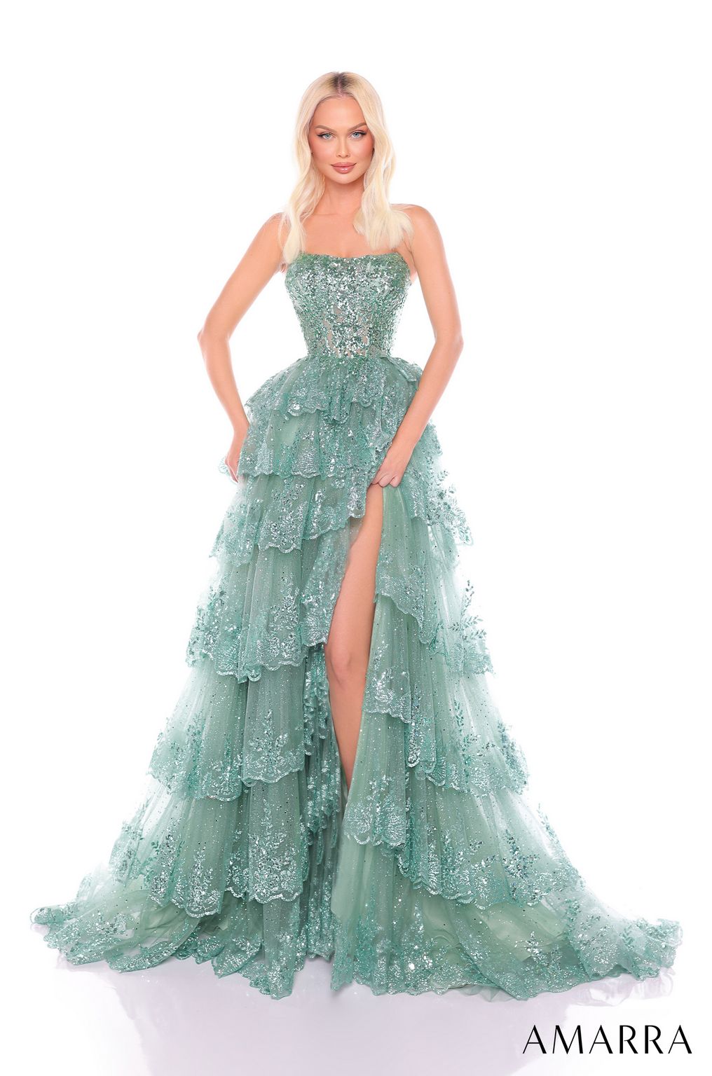 Prom Dresses Long Slit Ruffle Prom Dress Sage