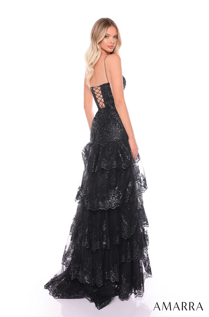 Prom Dresses Fitted Sequin Long Ruffle Prom Dress  Black