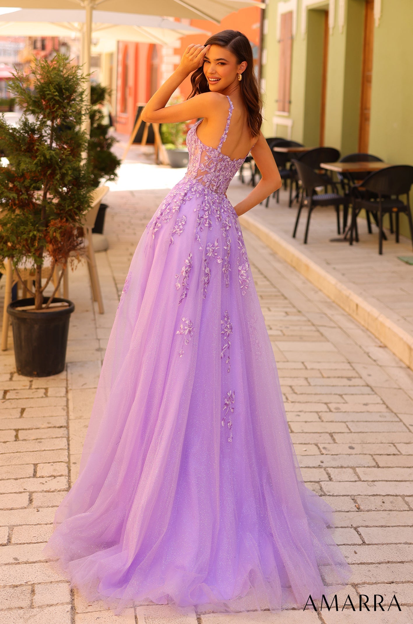 Lilac/Multi Scoop Neck Floor-Length Tulle Prom Dress with Floral Appliqué Amarra 88712