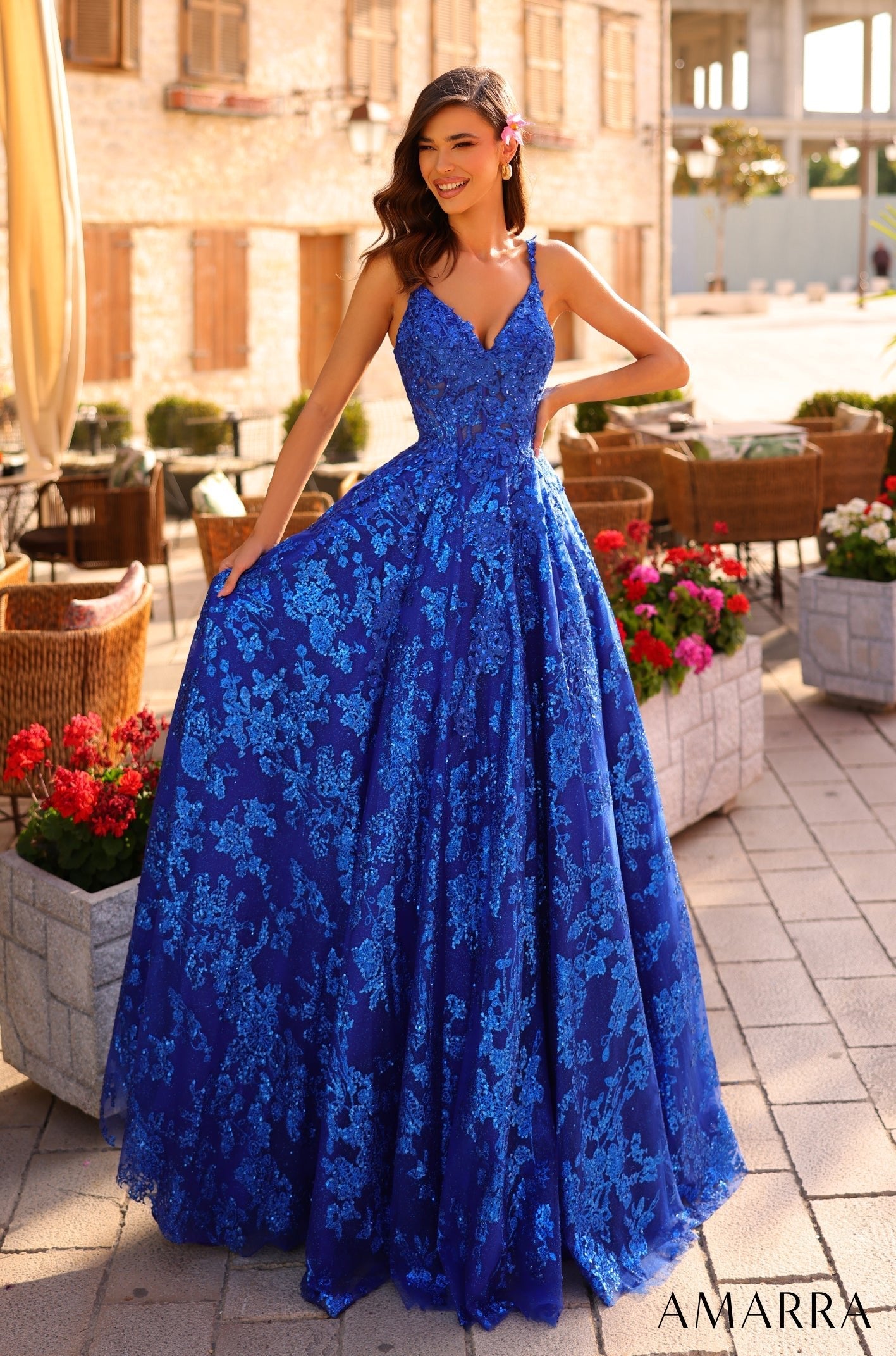 Royal Blue V-Neck Floor-Length Sequin Prom Dress with Lace-Up Back Amarra 88727