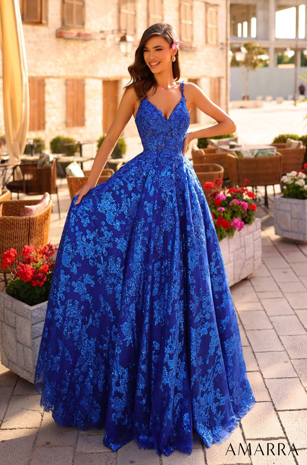 V-Neck Floor-Length Sequin Prom Dress with Lace-Up Back Amarra 88727