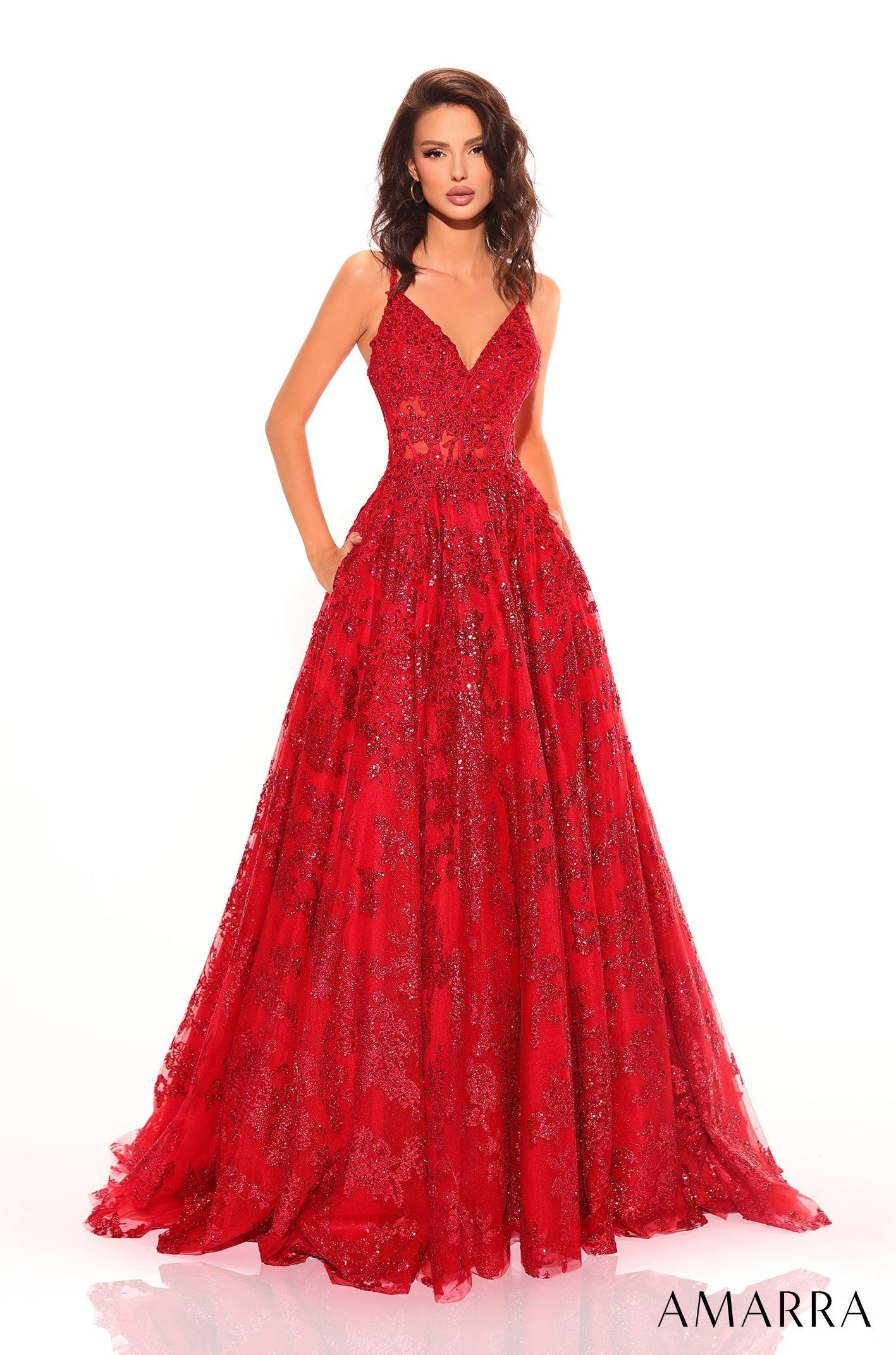 Red V-Neck Floor-Length Sequin Prom Dress with Lace-Up Back Amarra 88727