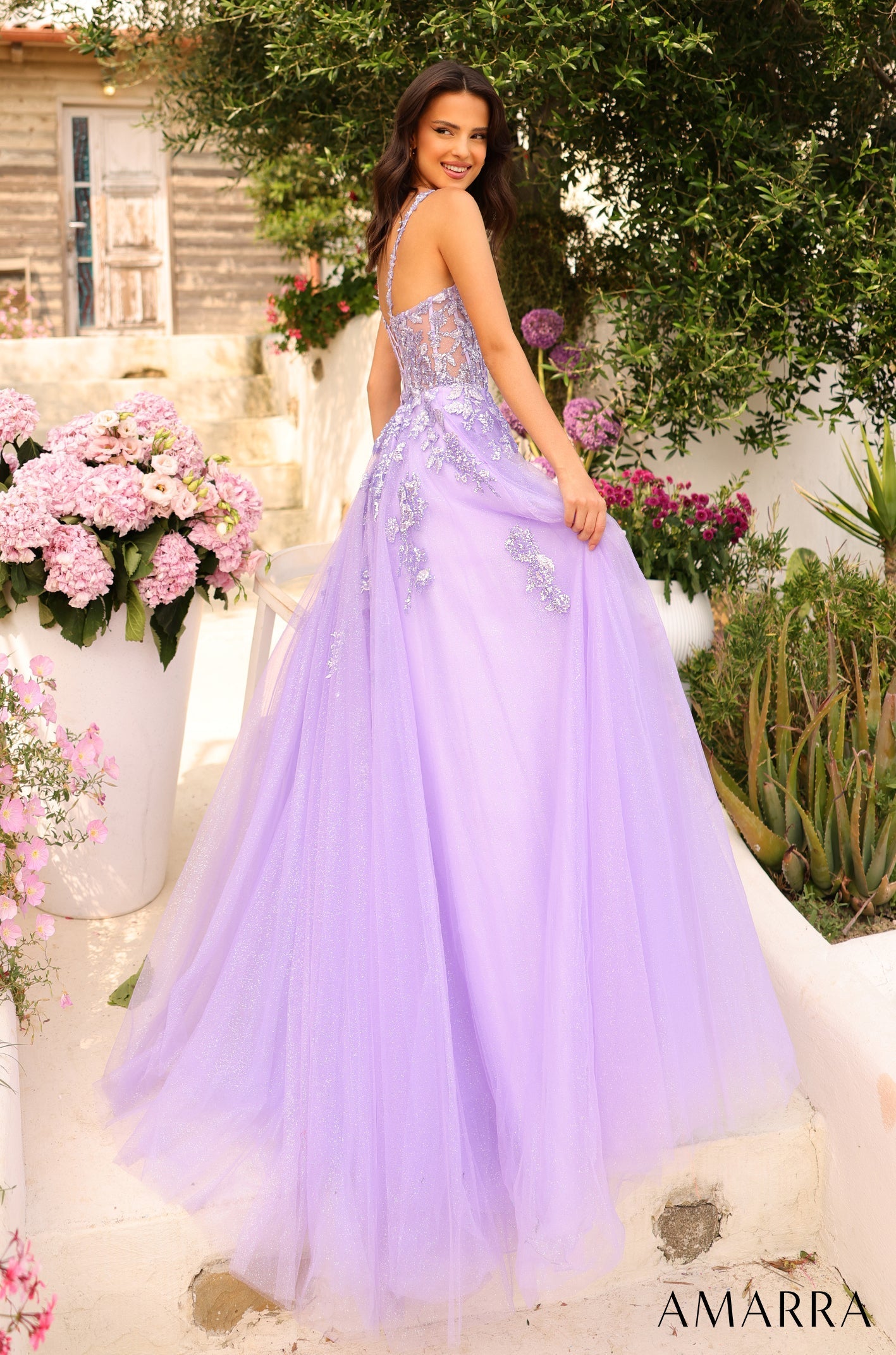 Lilac Sweetheart Floor-Length Shimmer Tulle Prom Dress Floral Lace Amarra 88735
