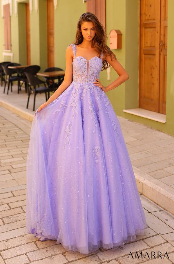 Sweetheart Floor-Length Shimmer Tulle Prom Dress Floral Lace Amarra 88739