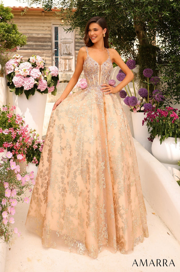 Amarra 88741 Glitter A Line Long Formal Floral Lace Applique Prom Dress