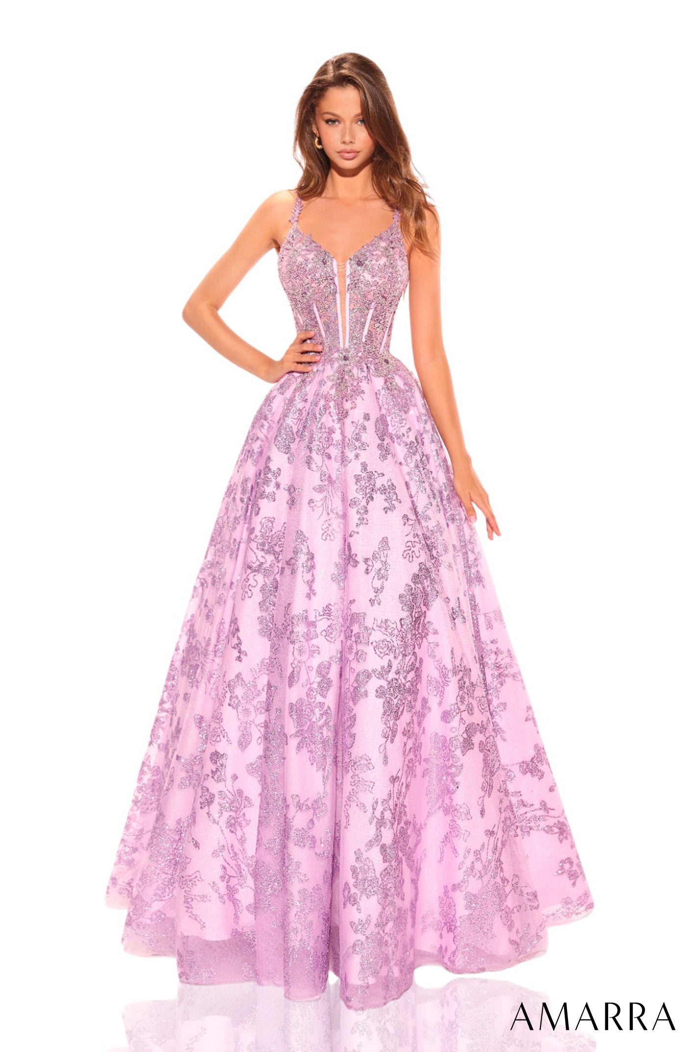 Amarra 88741 Glitter A Line Long Formal Floral Lace Applique Prom Dress