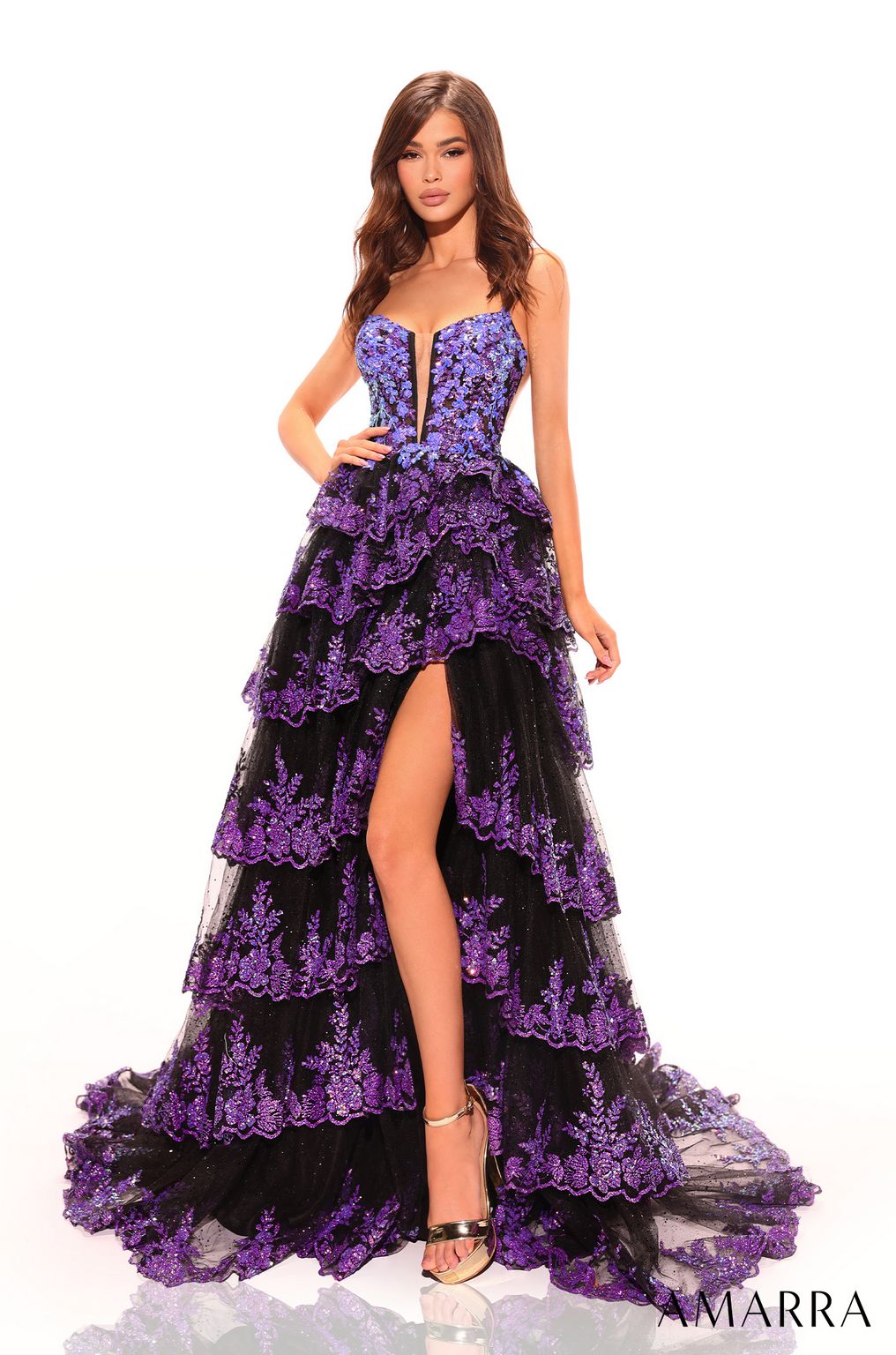 Prom Dresses Long Beaded Lace Floral Ball Gown Prom Dress Black/Purple