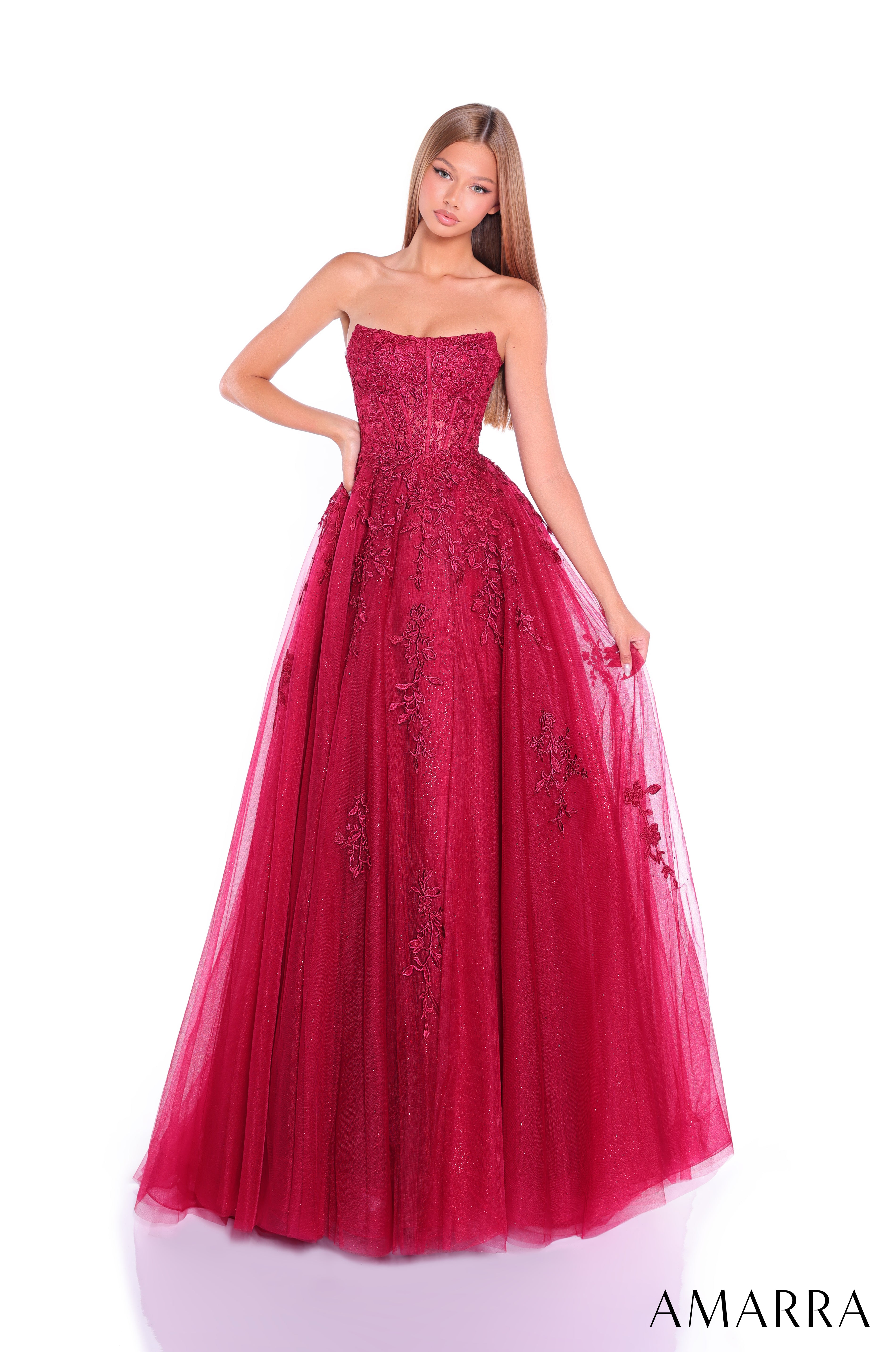 Prom Dresses Long Formal Corset Ball Gown Lace Prom Dress Amarra 88950 Wine