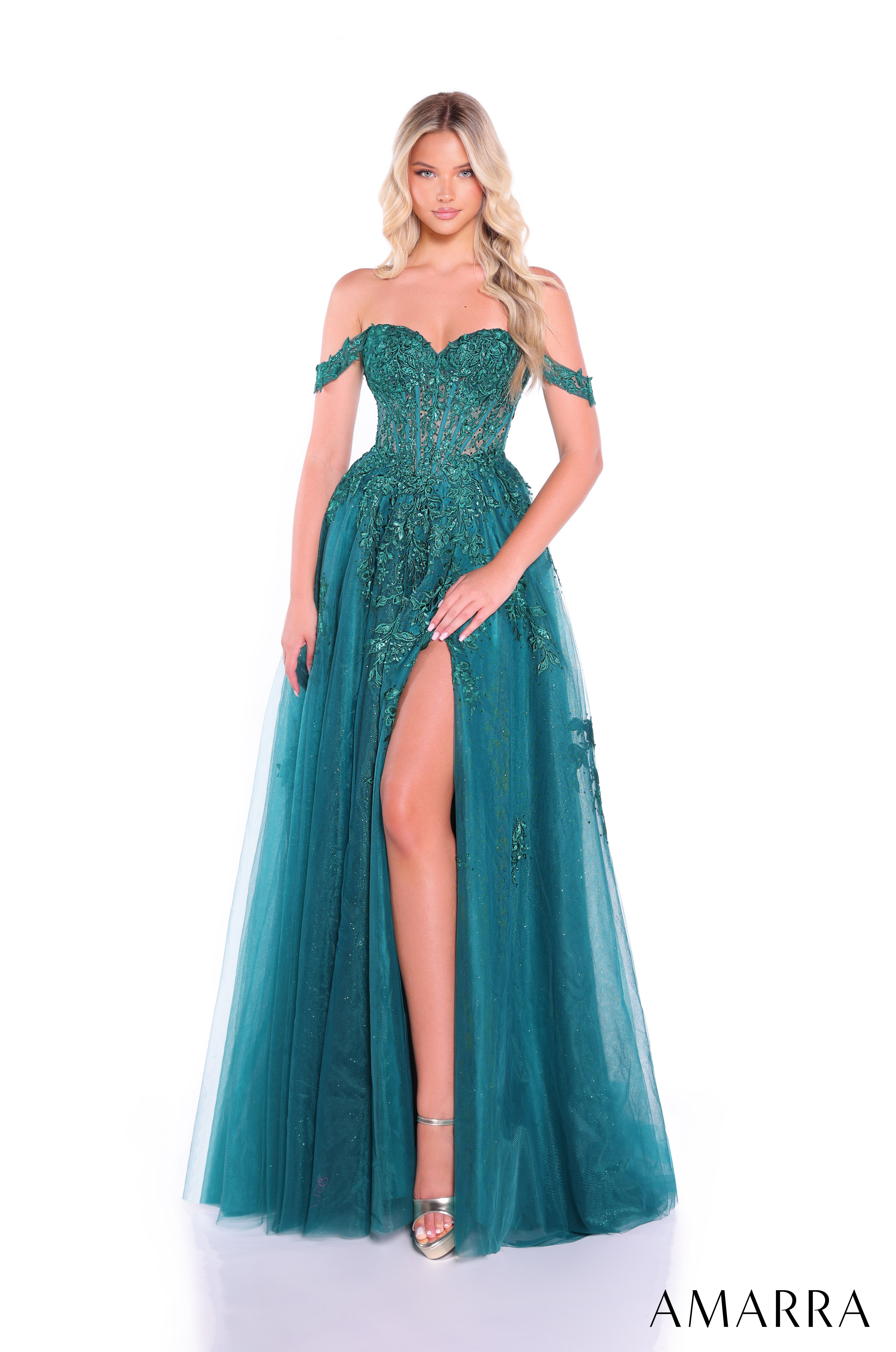 Prom Dresses Long A Line Formal Prom Lace Dress Amarra 88963 Emerald