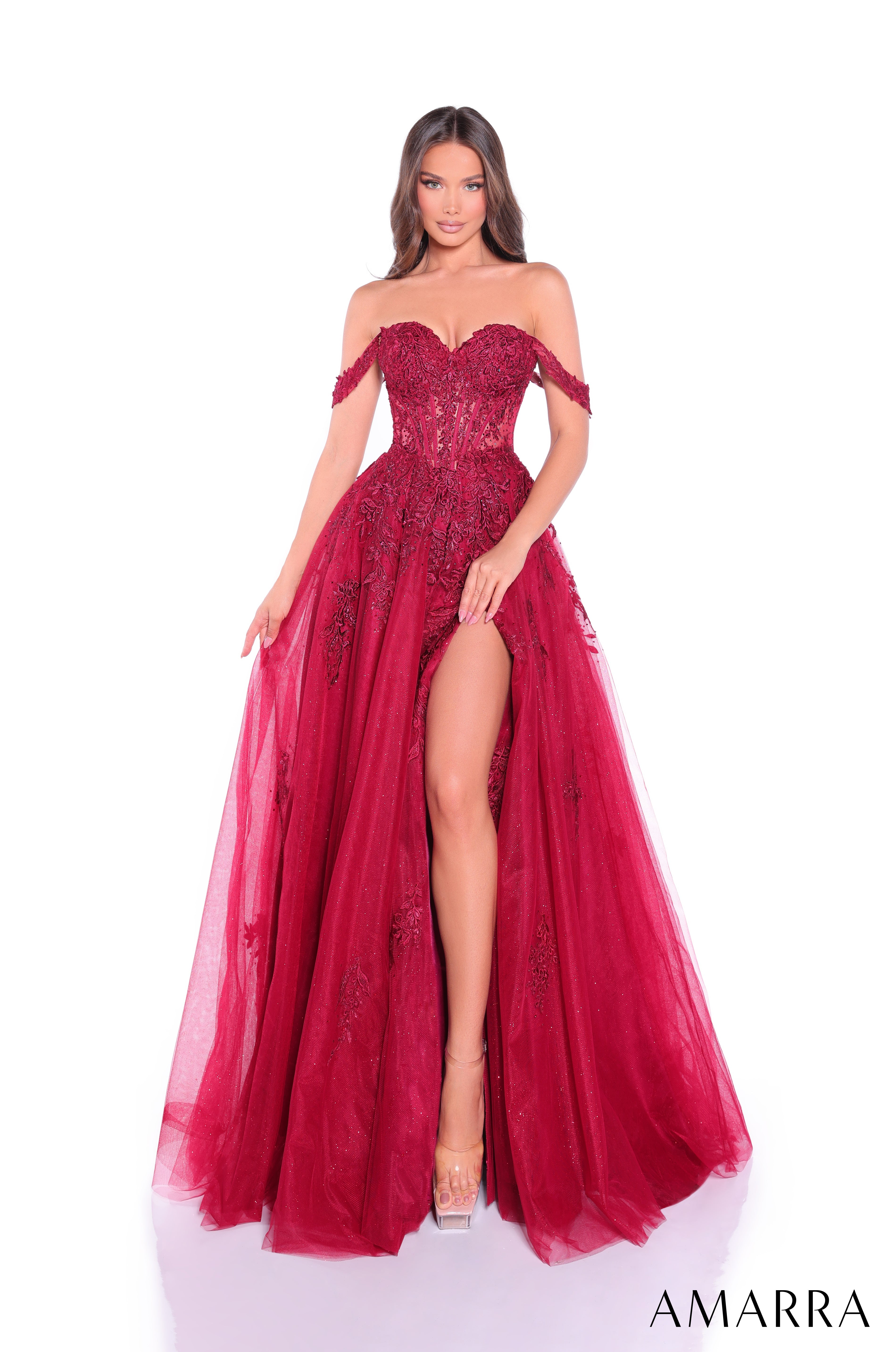 Prom Dresses Long A Line Formal Prom Lace Dress Amarra 88963 Wine