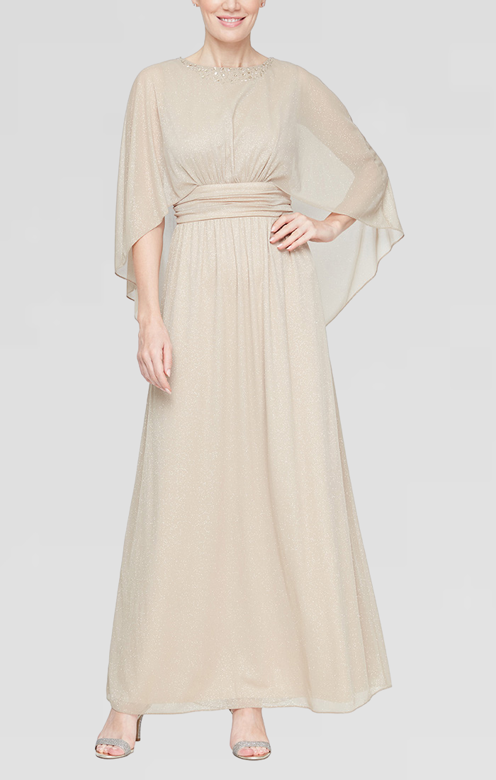 Champagne Jewel Floor-Length Glitter Mesh Evening Cape Gown SL Fashions 9133253