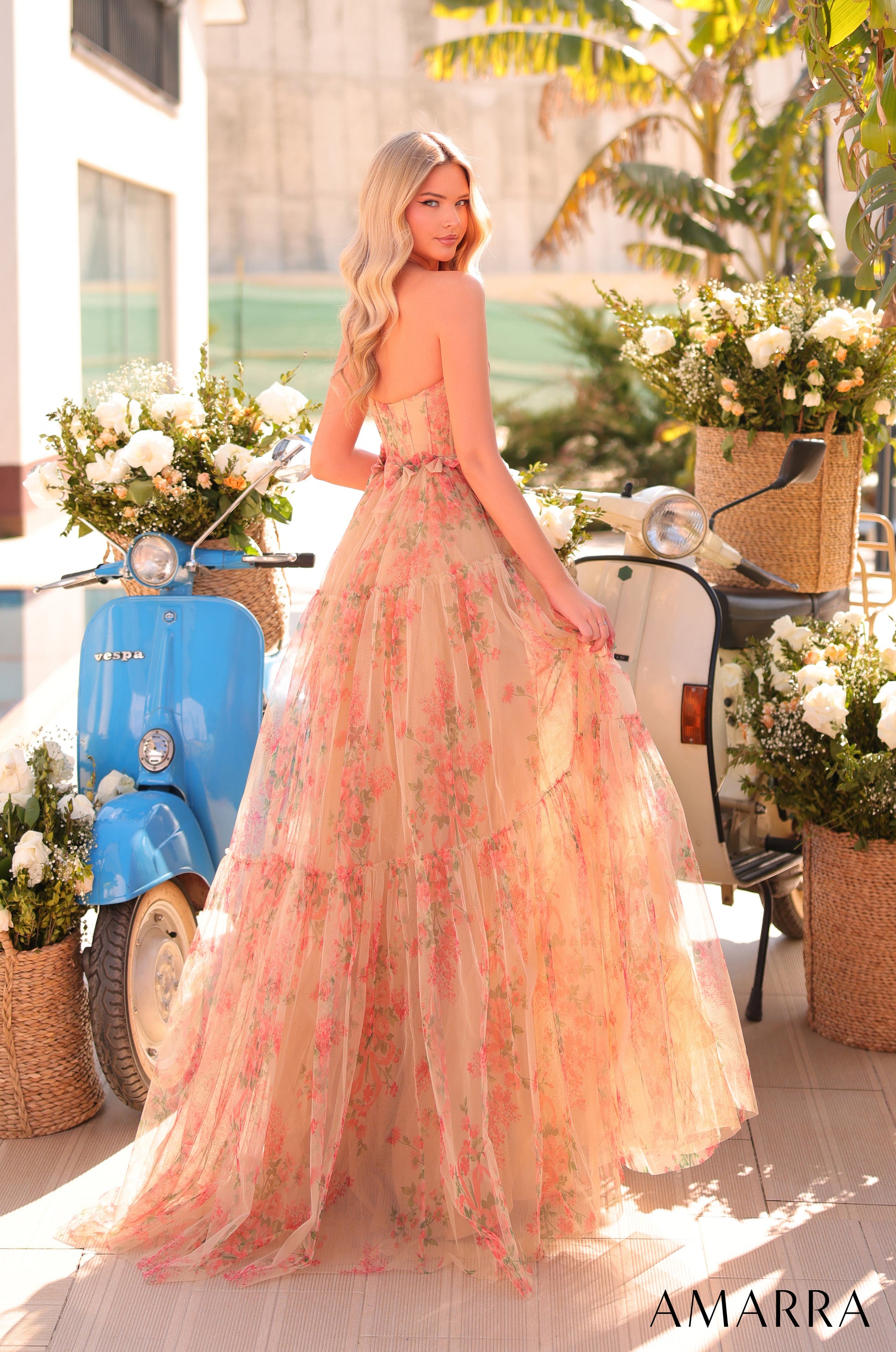 Amarra 89001 Long Ball Gown Floral Print Corset Prom Dress