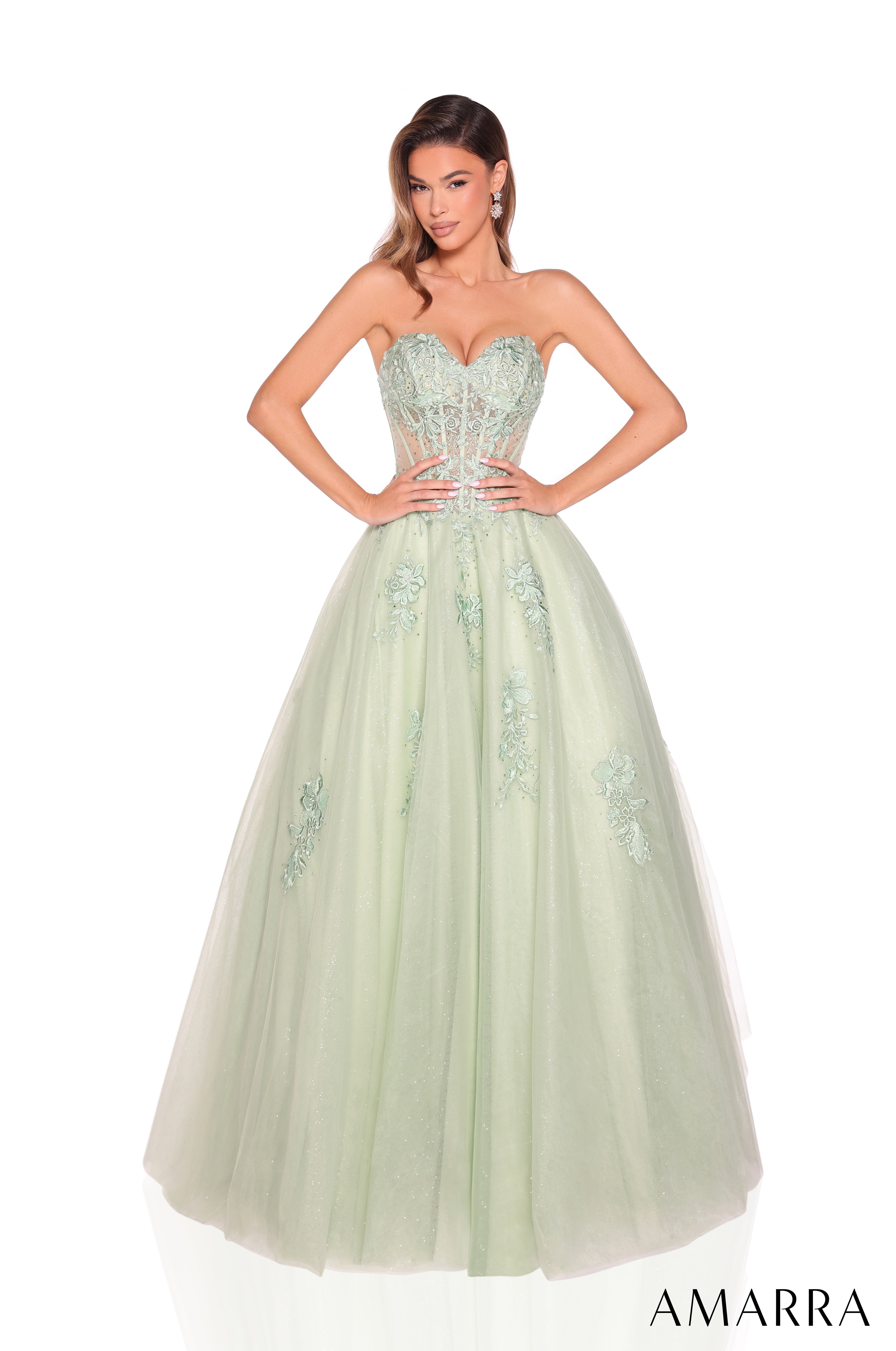 Prom Dresses Long Ball Gown Glitter Applique Prom Dress Avocado