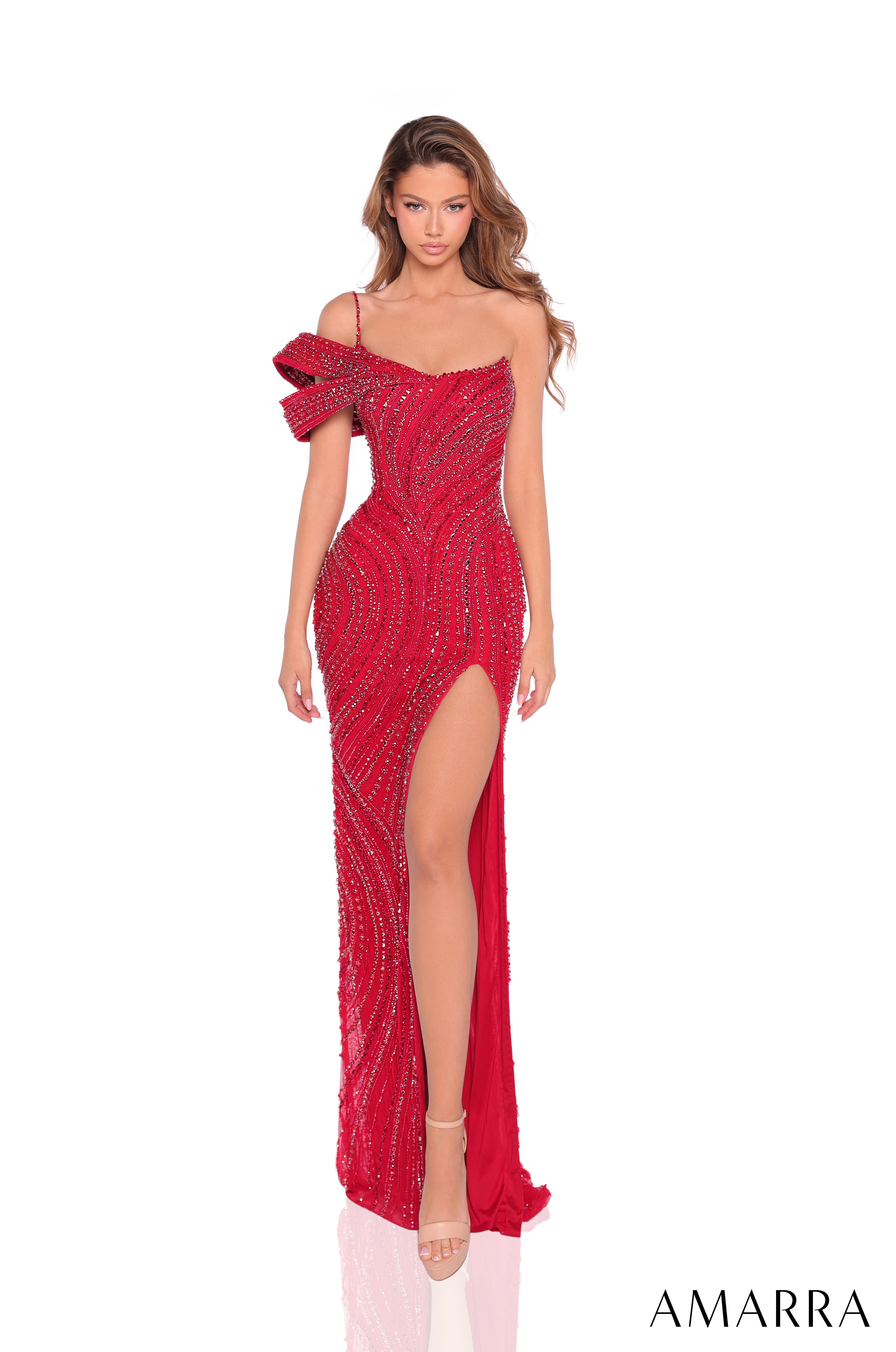 Prom Dresses Long Formal Slit Beaded Evening Prom Gown Red