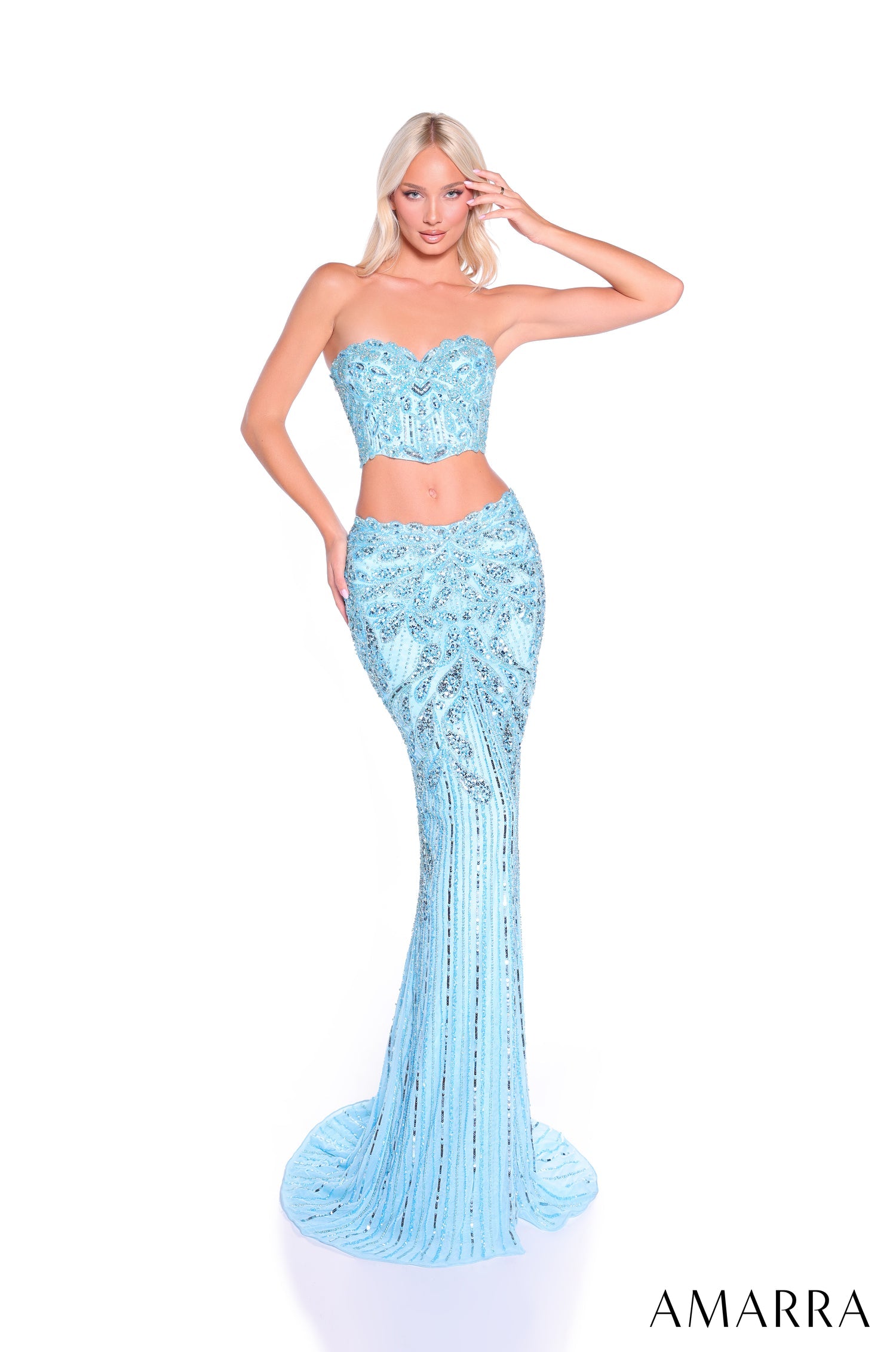 Prom Dresses Long Beaded Two Piece Prom Dress Light Blue