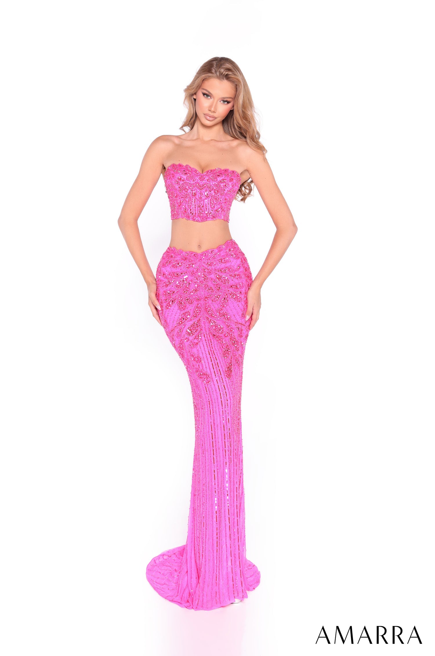 Prom Dresses Long Beaded Two Piece Prom Dress Neon Pink