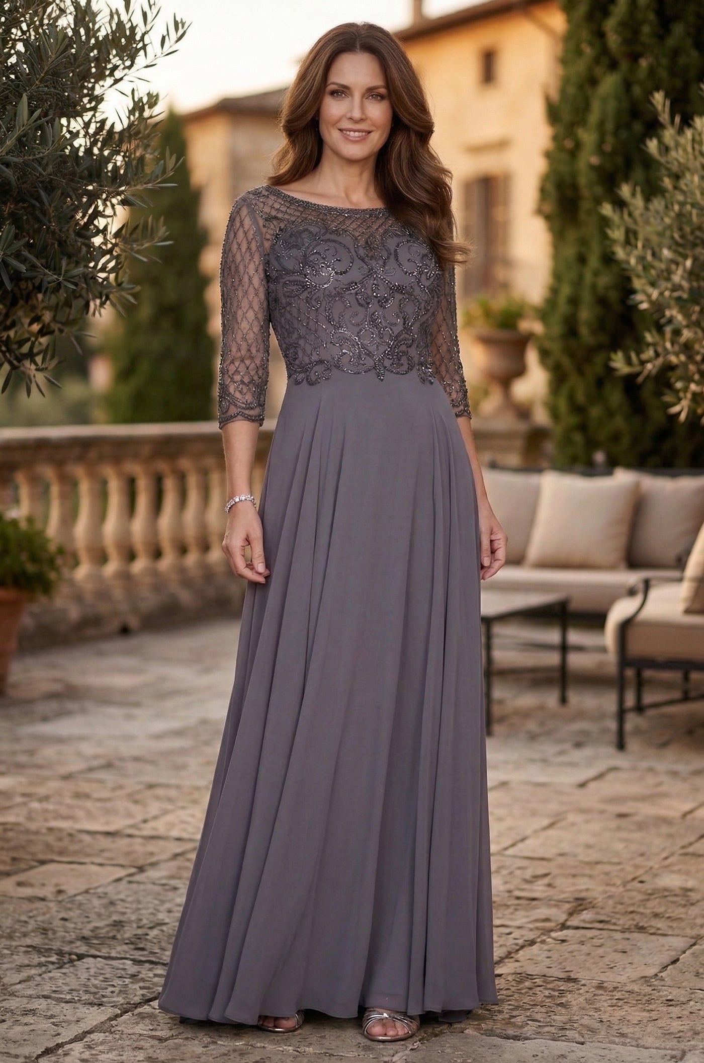 Hand Beaded Long Sleeve Mother of the Bride Dress