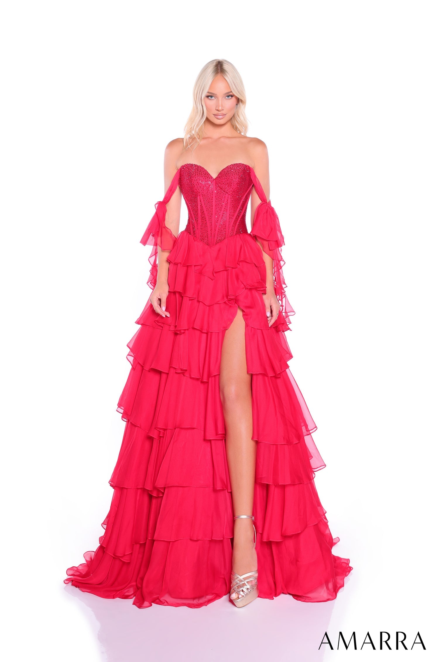 Prom Dresses Ruffle Beaded Corset Prom Dress Red