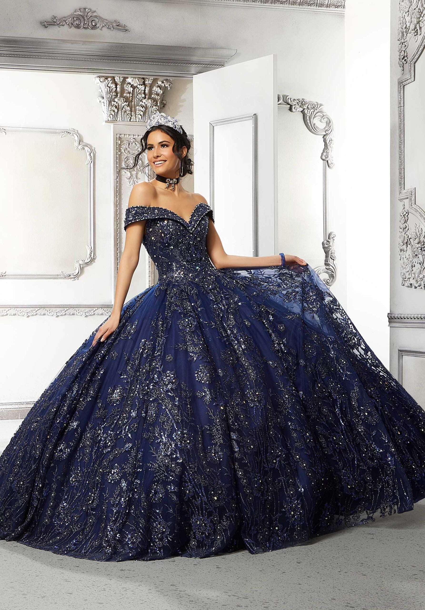 Off-the-Shoulder Floor-Length Tulle Quinceañera Ball Gown MGNY Madeline Gardner New York 89313