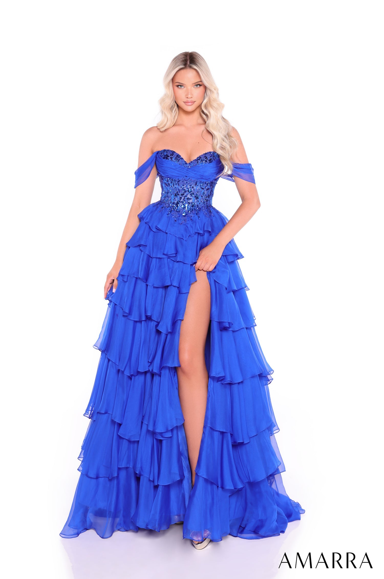Prom Dresses Ruffle Sequin Lace Prom Ball Gown Royal Blue