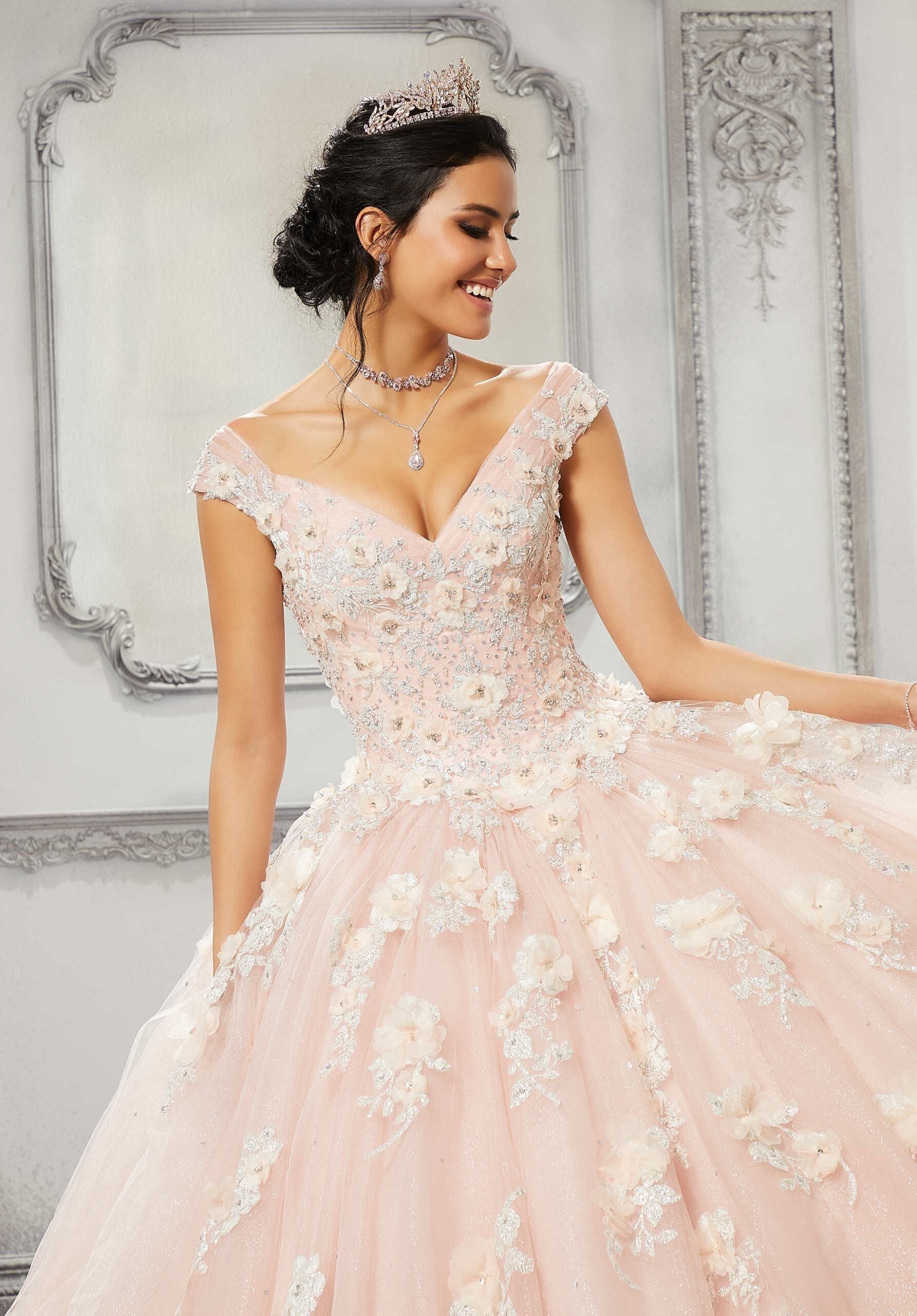 V-Neck Floor-Length Tulle Quinceañera Ball Gown MGNY Madeline Gardner New York 89316