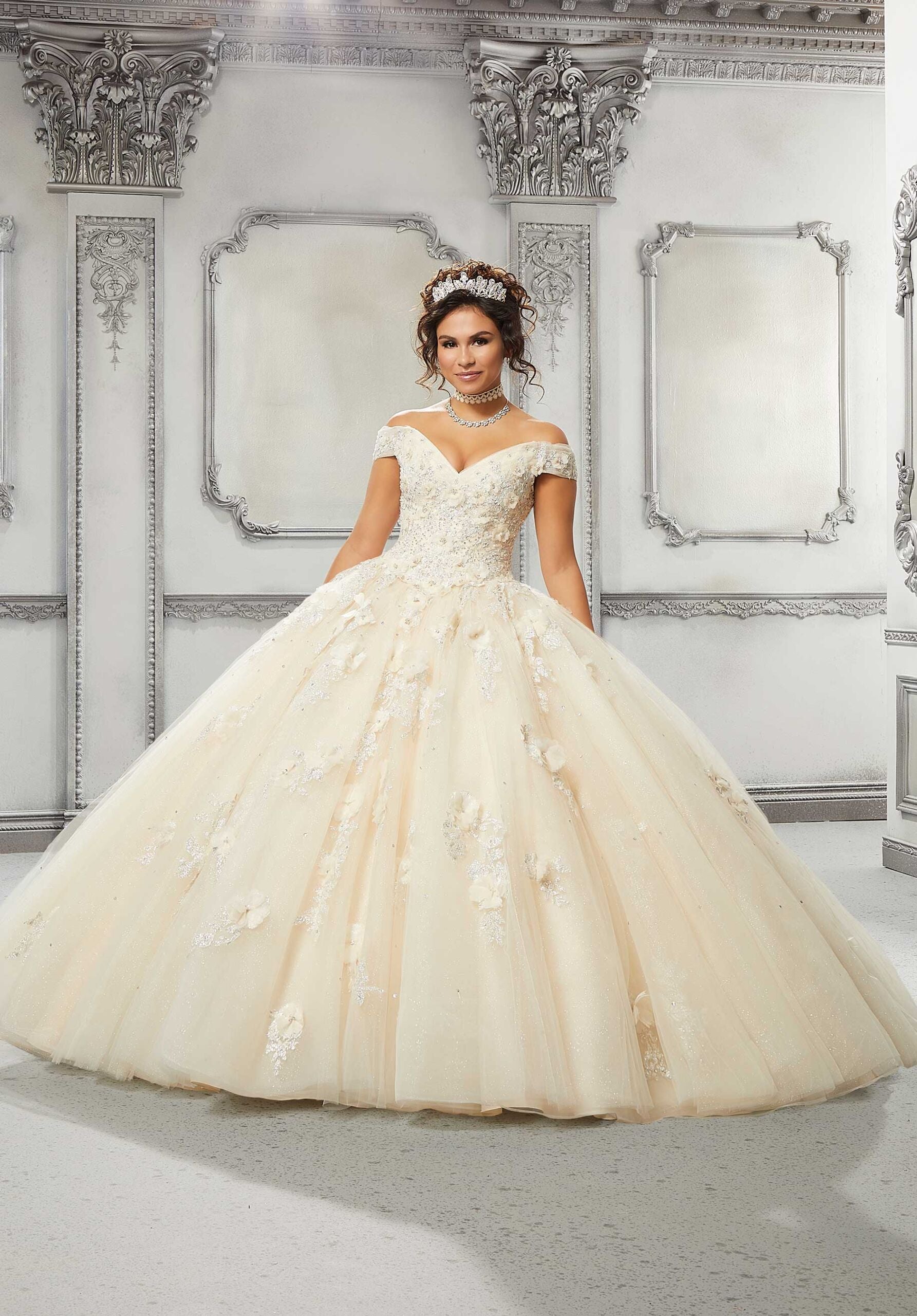 V-Neck Floor-Length Tulle Quinceañera Ball Gown MGNY Madeline Gardner New York 89316