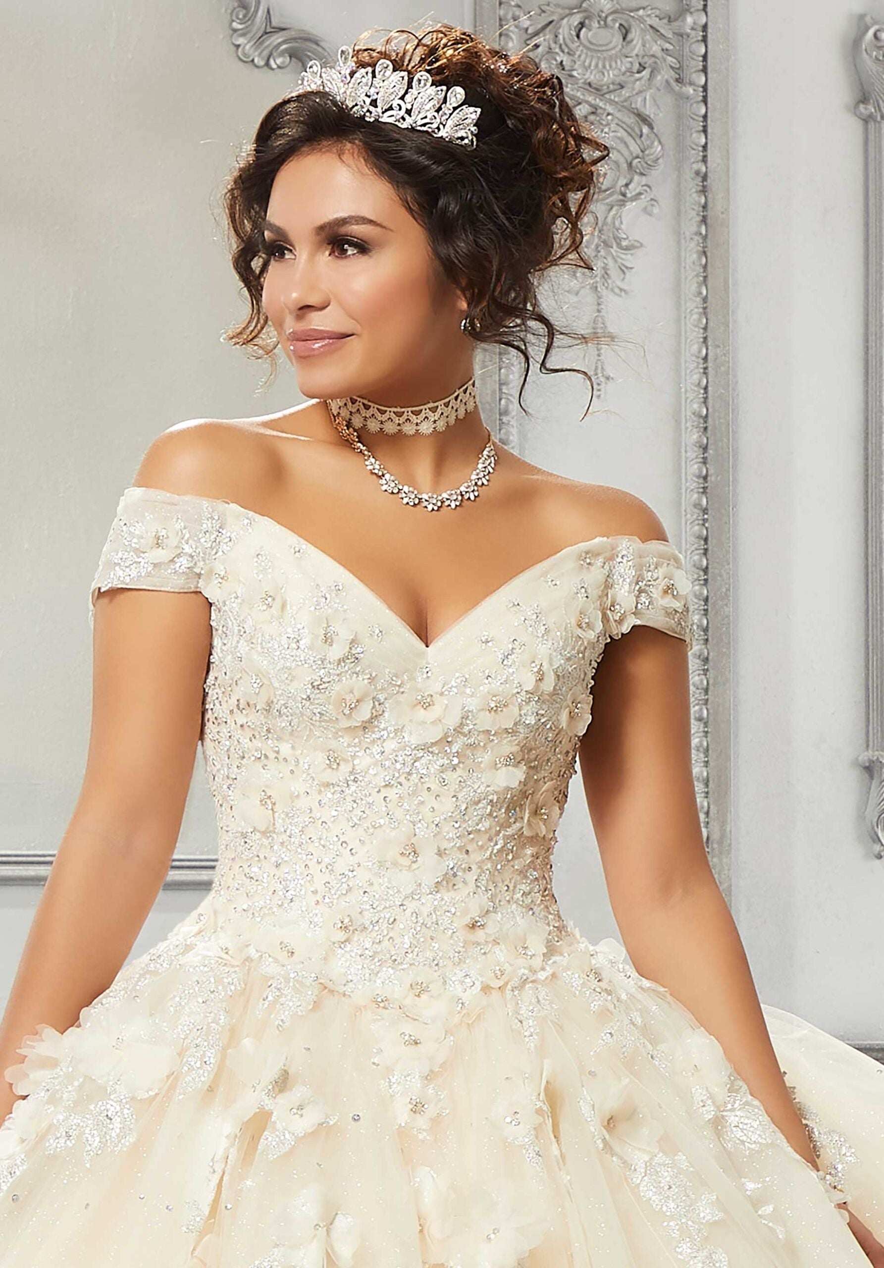 V-Neck Floor-Length Tulle Quinceañera Ball Gown MGNY Madeline Gardner New York 89316