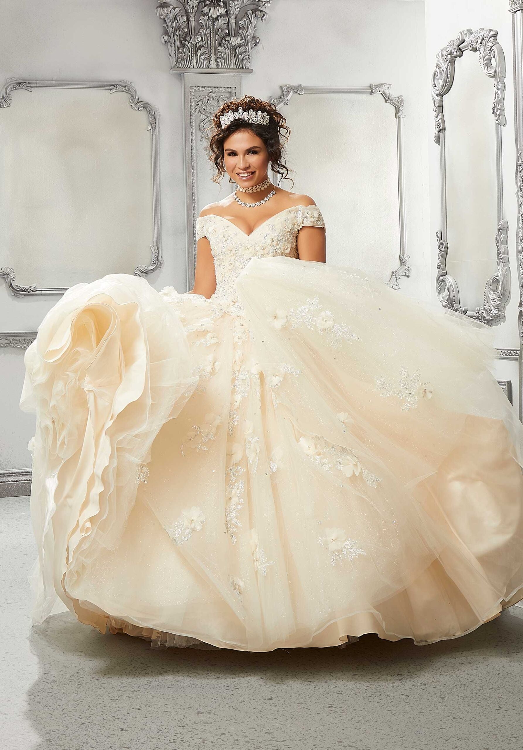 V-Neck Floor-Length Tulle Quinceañera Ball Gown MGNY Madeline Gardner New York 89316