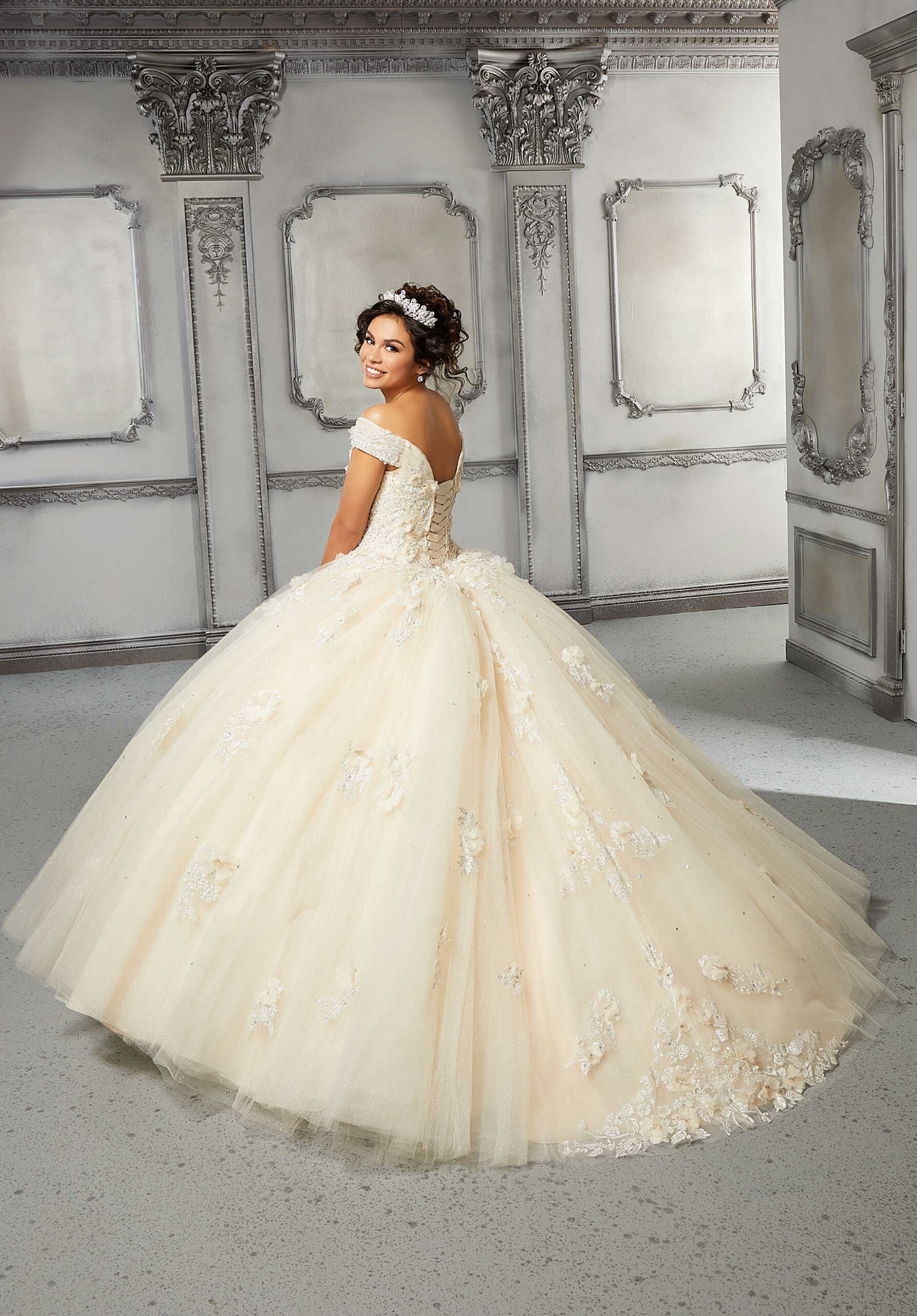 V-Neck Floor-Length Tulle Quinceañera Ball Gown MGNY Madeline Gardner New York 89316