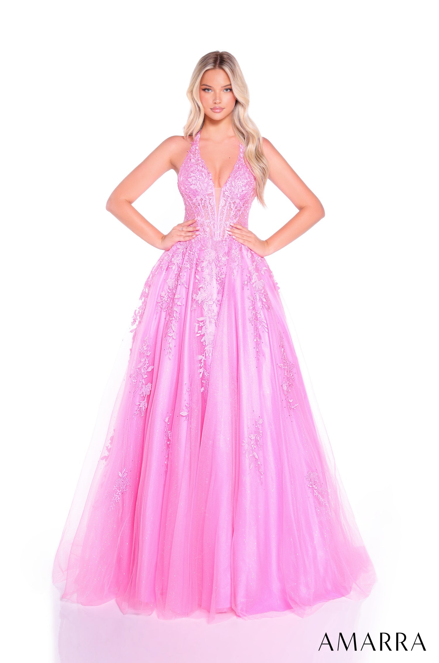 Prom Dresses Long Formal Lace Applique Ball Gown Bright Pink