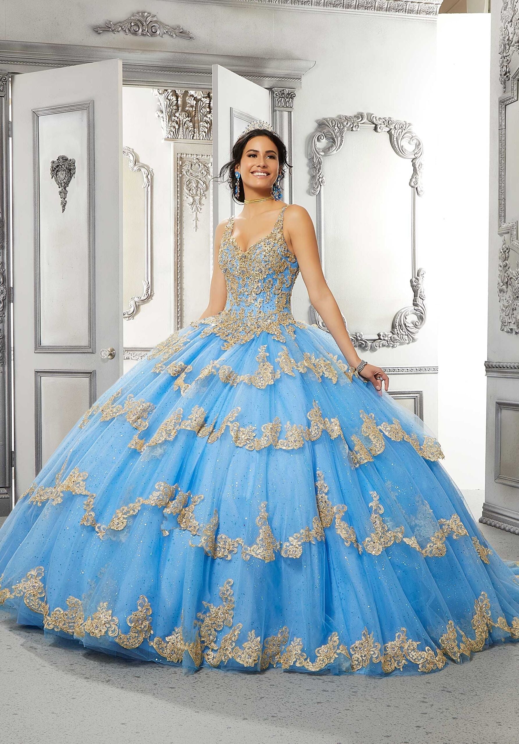 V-Neck Floor-Length Tulle Quinceañera Ball Gown MGNY Madeline Gardner New York 89324