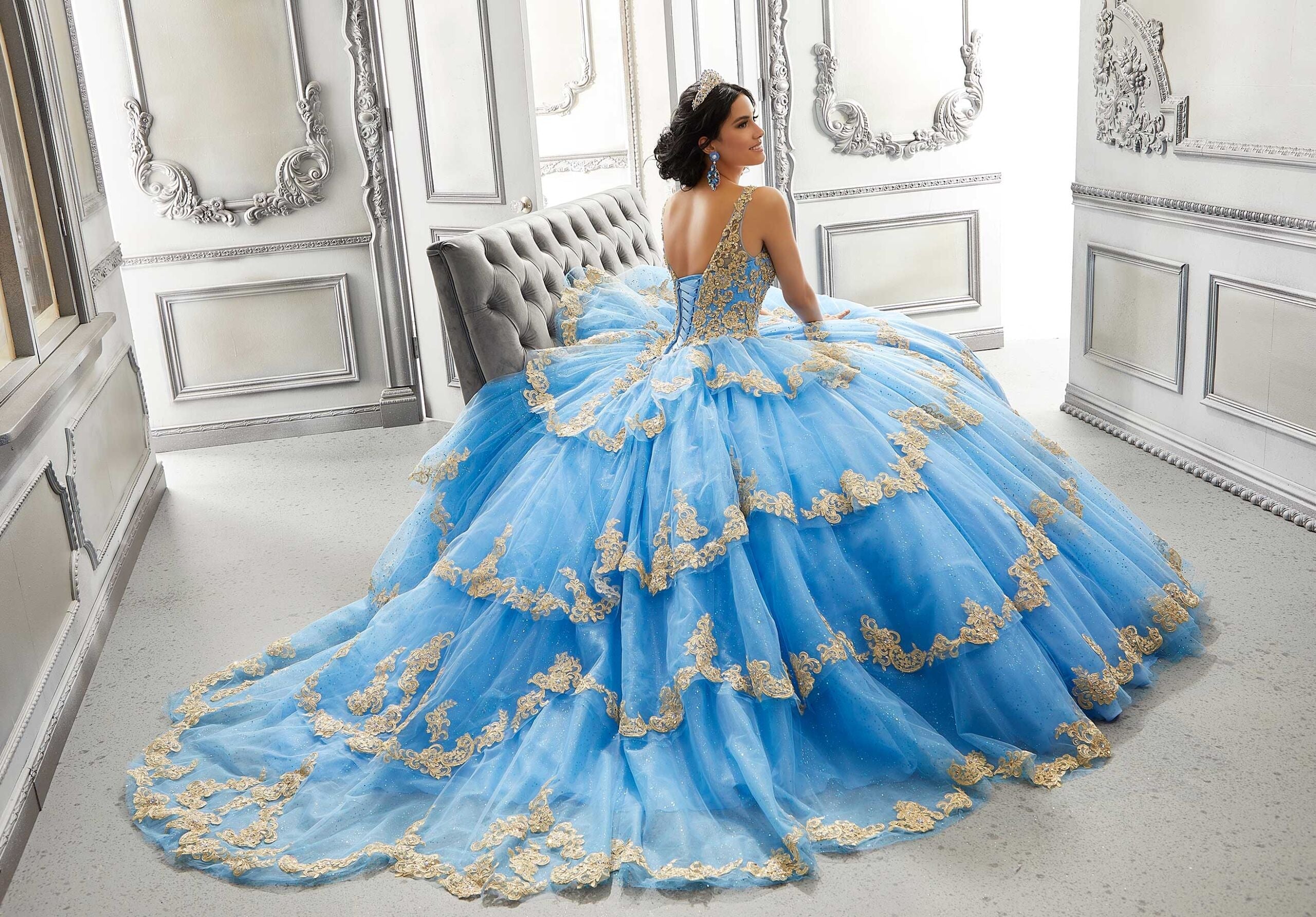 V-Neck Floor-Length Tulle Quinceañera Ball Gown MGNY Madeline Gardner New York 89324