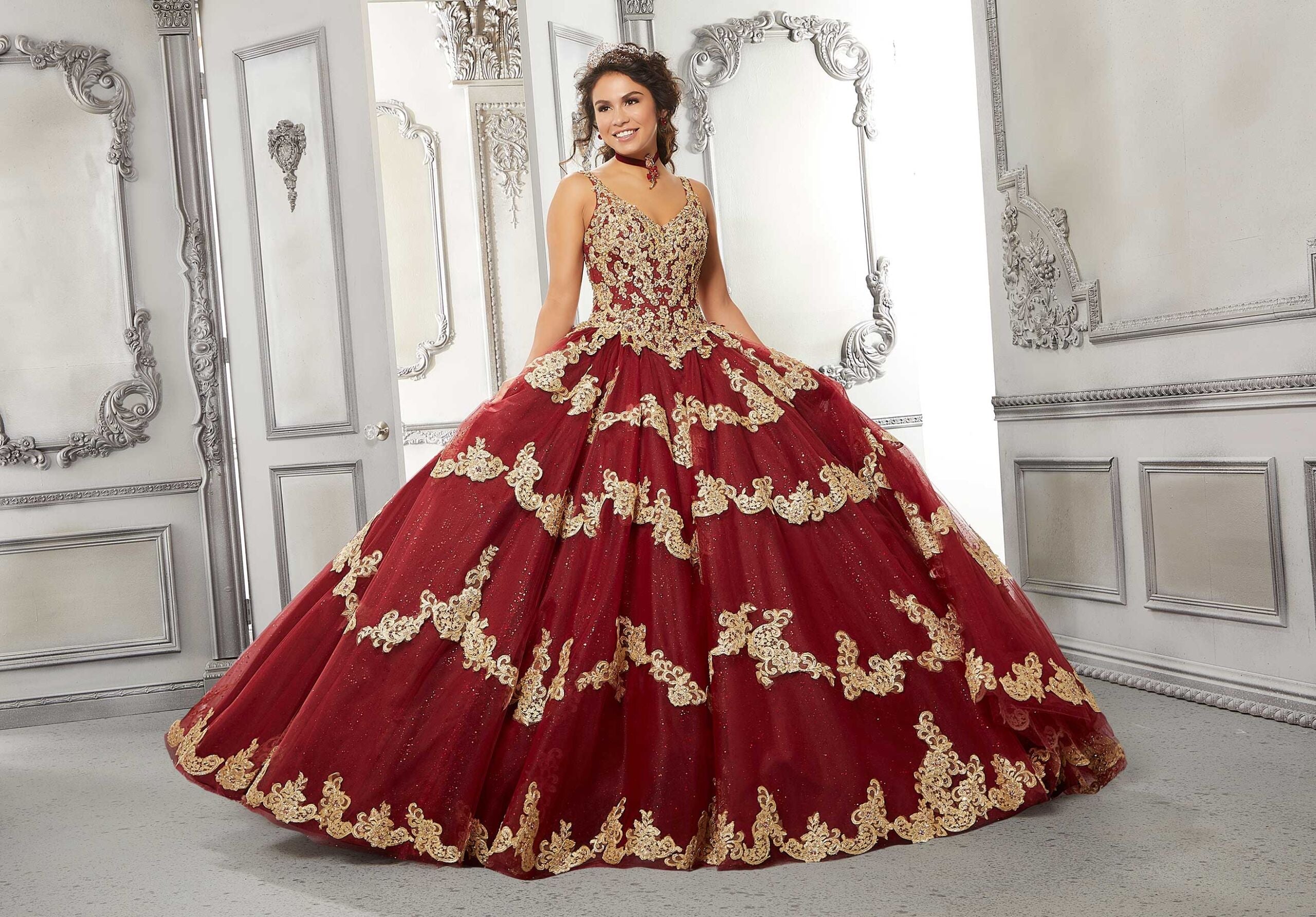 V-Neck Floor-Length Tulle Quinceañera Ball Gown MGNY Madeline Gardner New York 89324