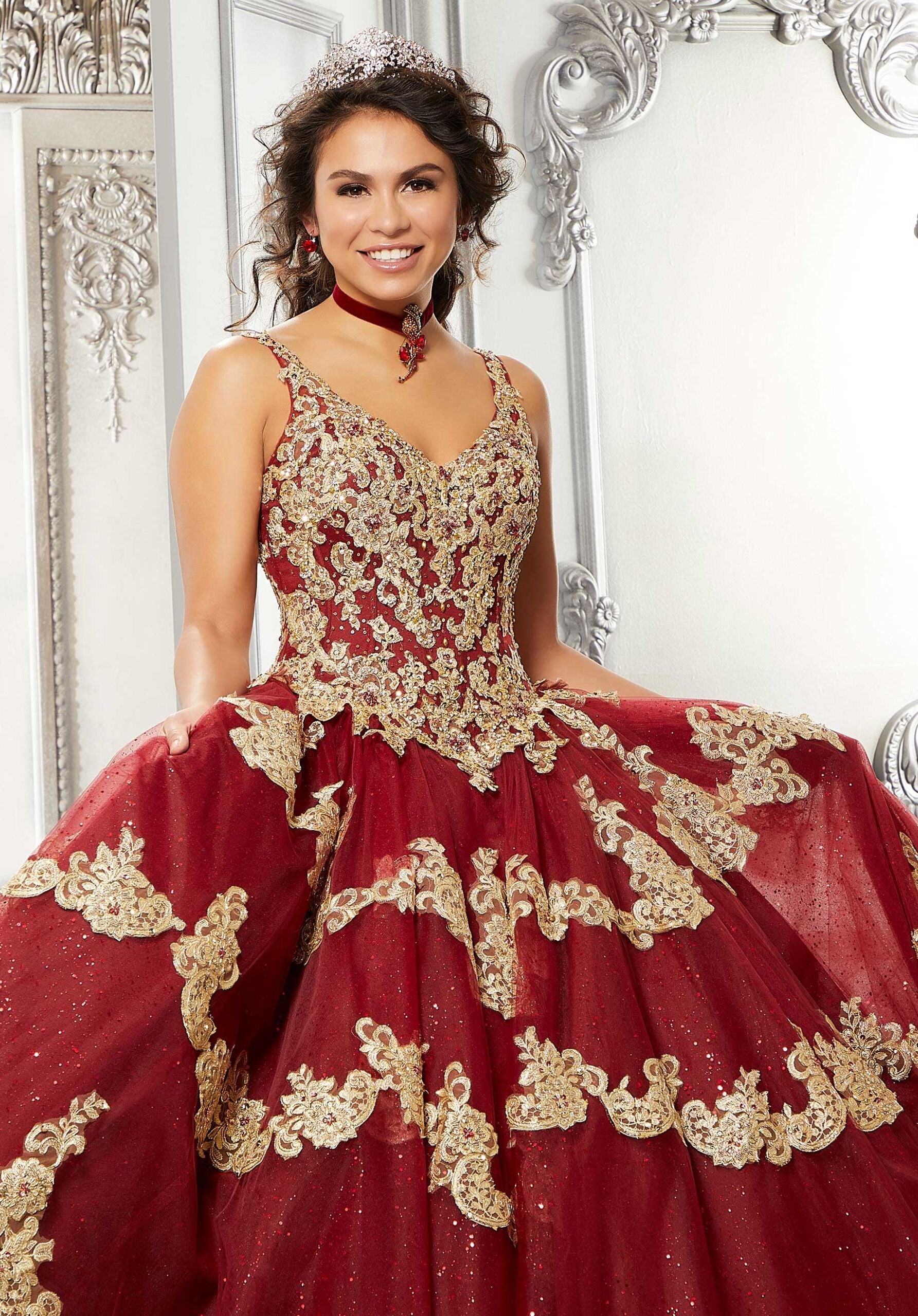 V-Neck Floor-Length Tulle Quinceañera Ball Gown MGNY Madeline Gardner New York 89324