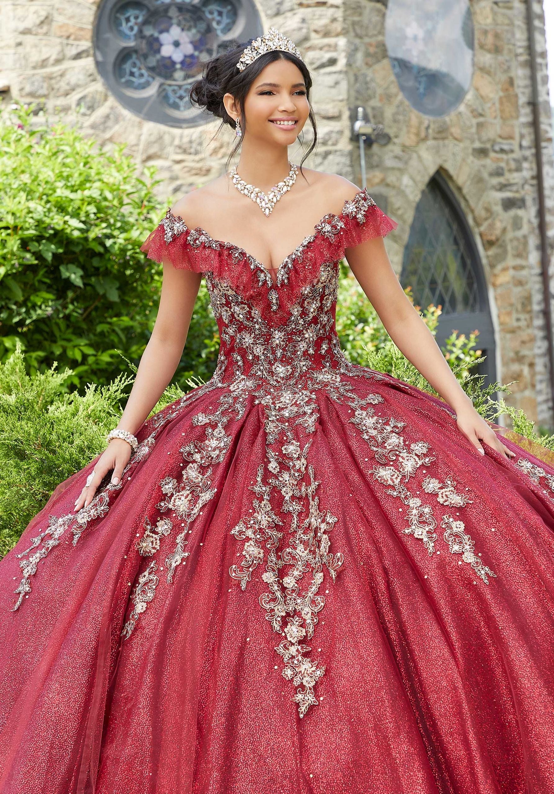 Off-the-Shoulder Floor-Length Tulle Quinceañera Ball Gown MGNY Madeline Gardner New York 89342