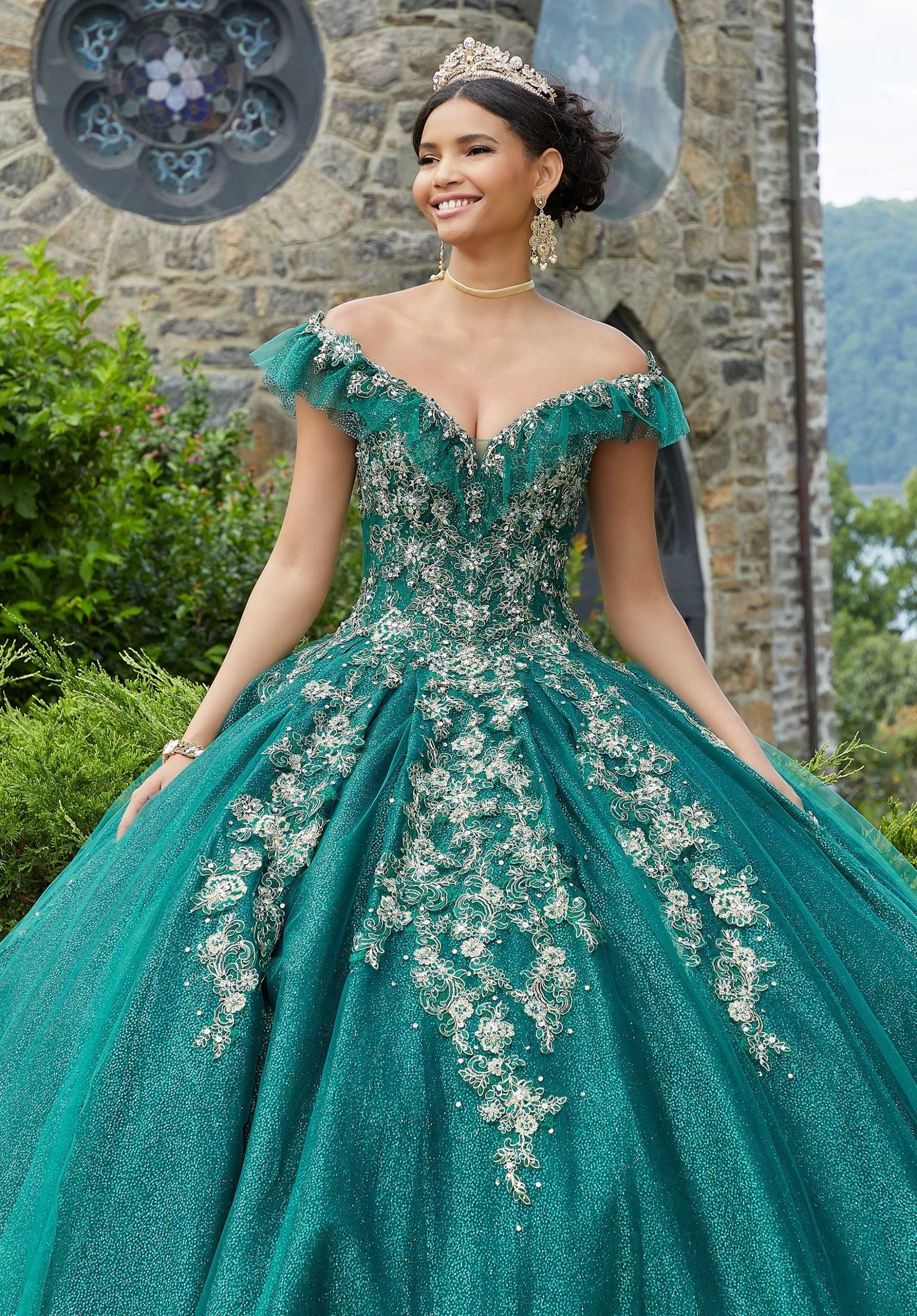 Off-the-Shoulder Floor-Length Tulle Quinceañera Ball Gown MGNY Madeline Gardner New York 89342